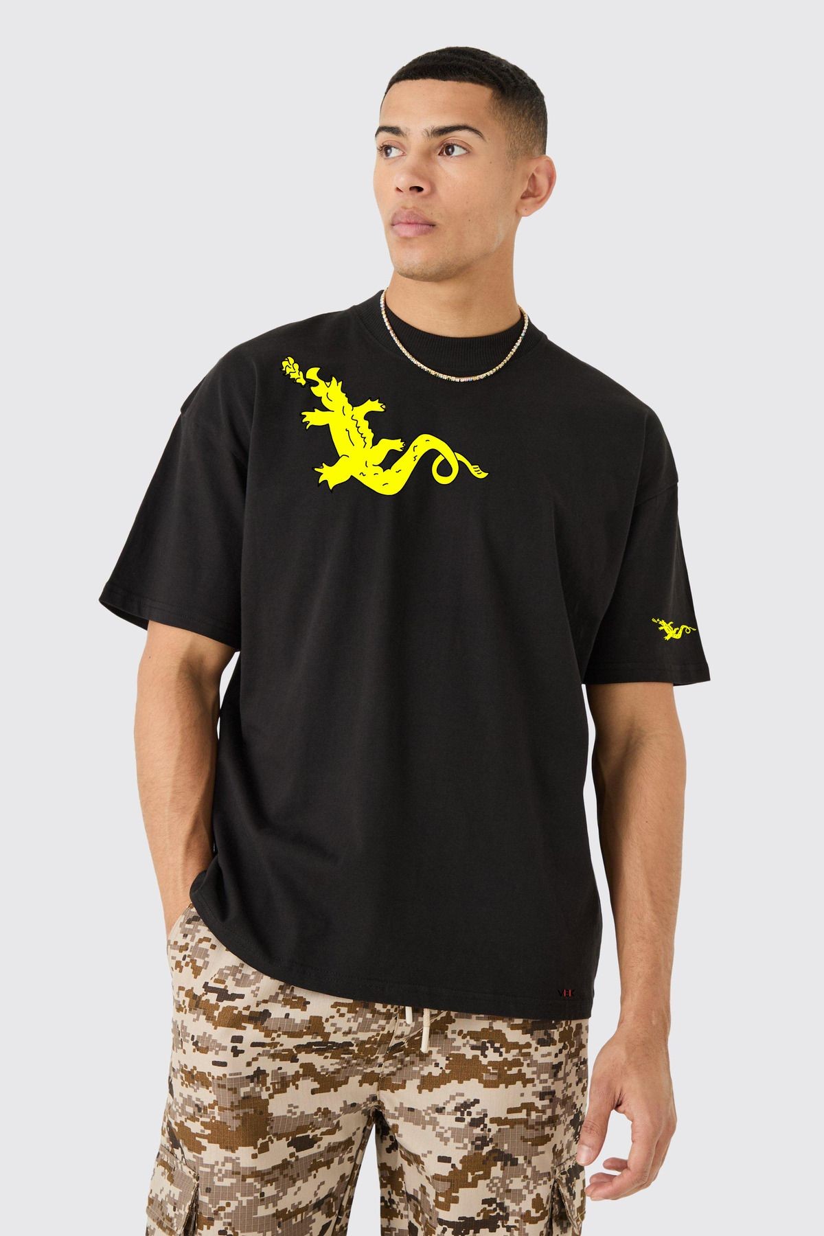Oversize Siyah T-shirt Ejder Baskılı