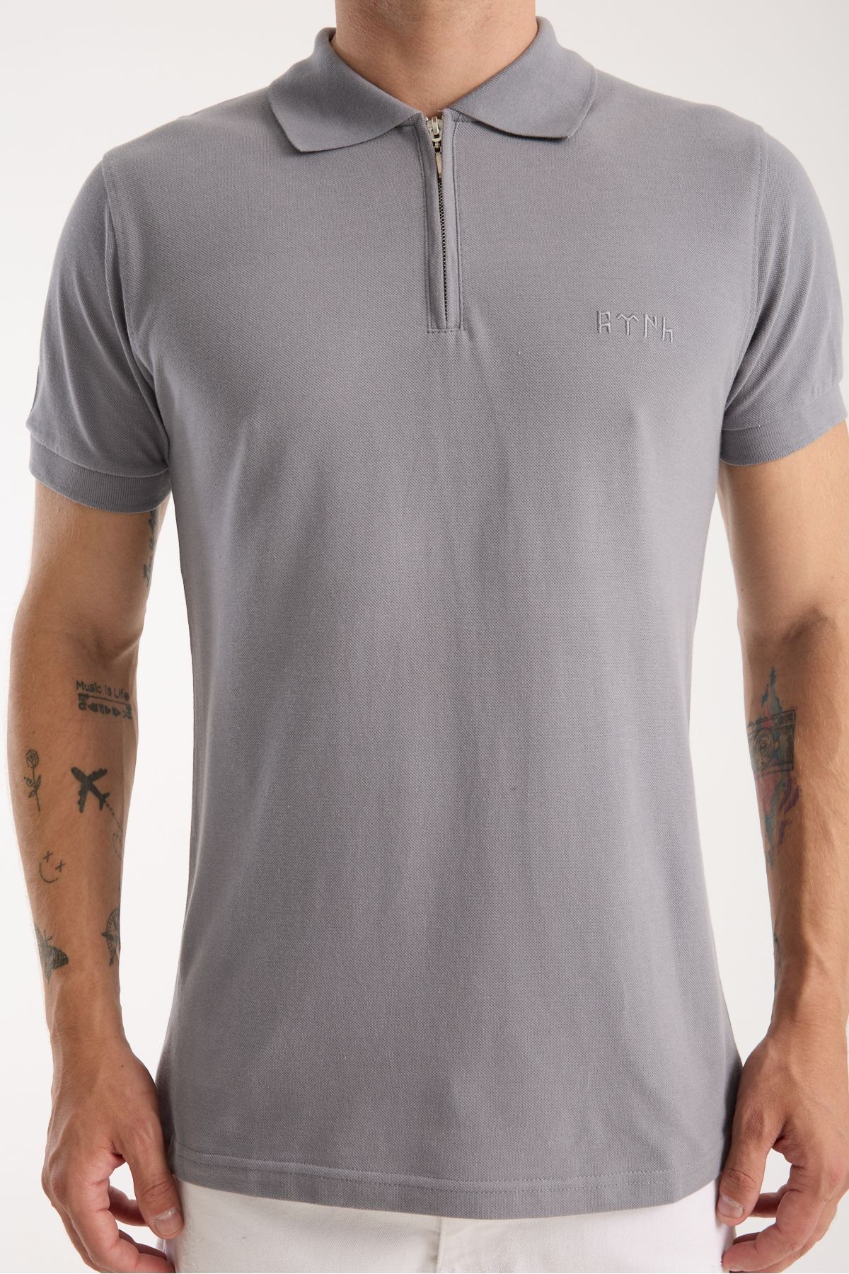 Polo Yaka T-Shirt Göktürk Harfleri Türk Baskılı Nakışlı Özel Tasarım %100 Pamuk Slim Fit Fermuarlı
