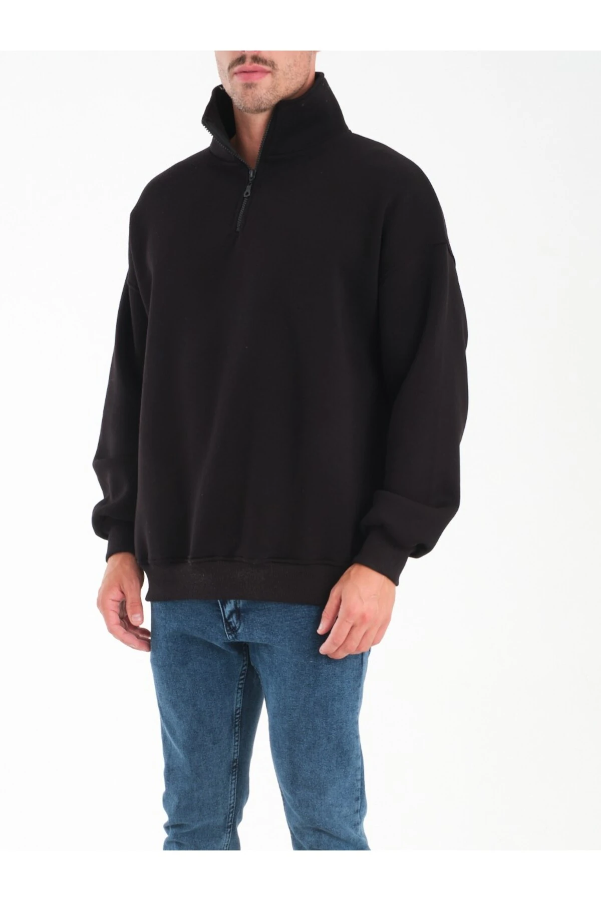 Oversize Yarım Fermuarlı Sweatshirt Kıvrılabilir Dik Yaka İçi Polarlı Premium Kalite
