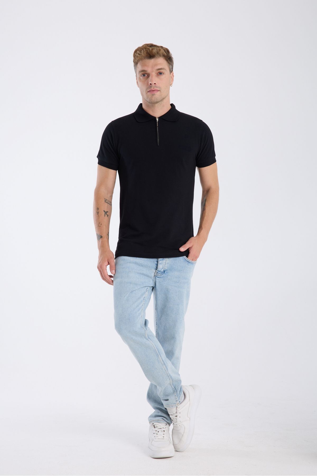 Fermuarlı Polo Yaka T-Shirt %100 Pamuk Slim Fit