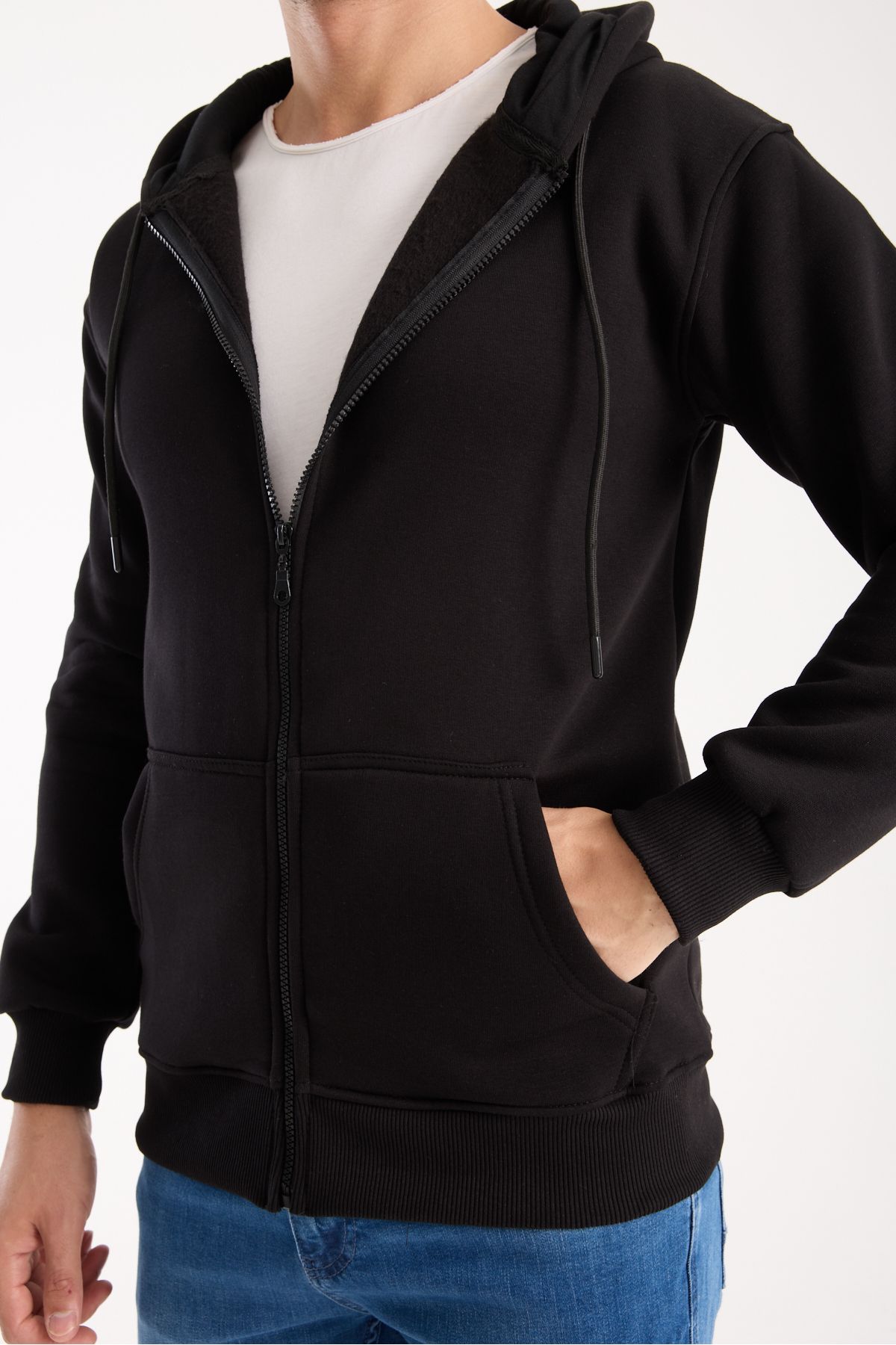 Kapüşonlu Fermuarlı Sweatshirt Ceket İçi Polarlı 3 İplik Normal Kalıp