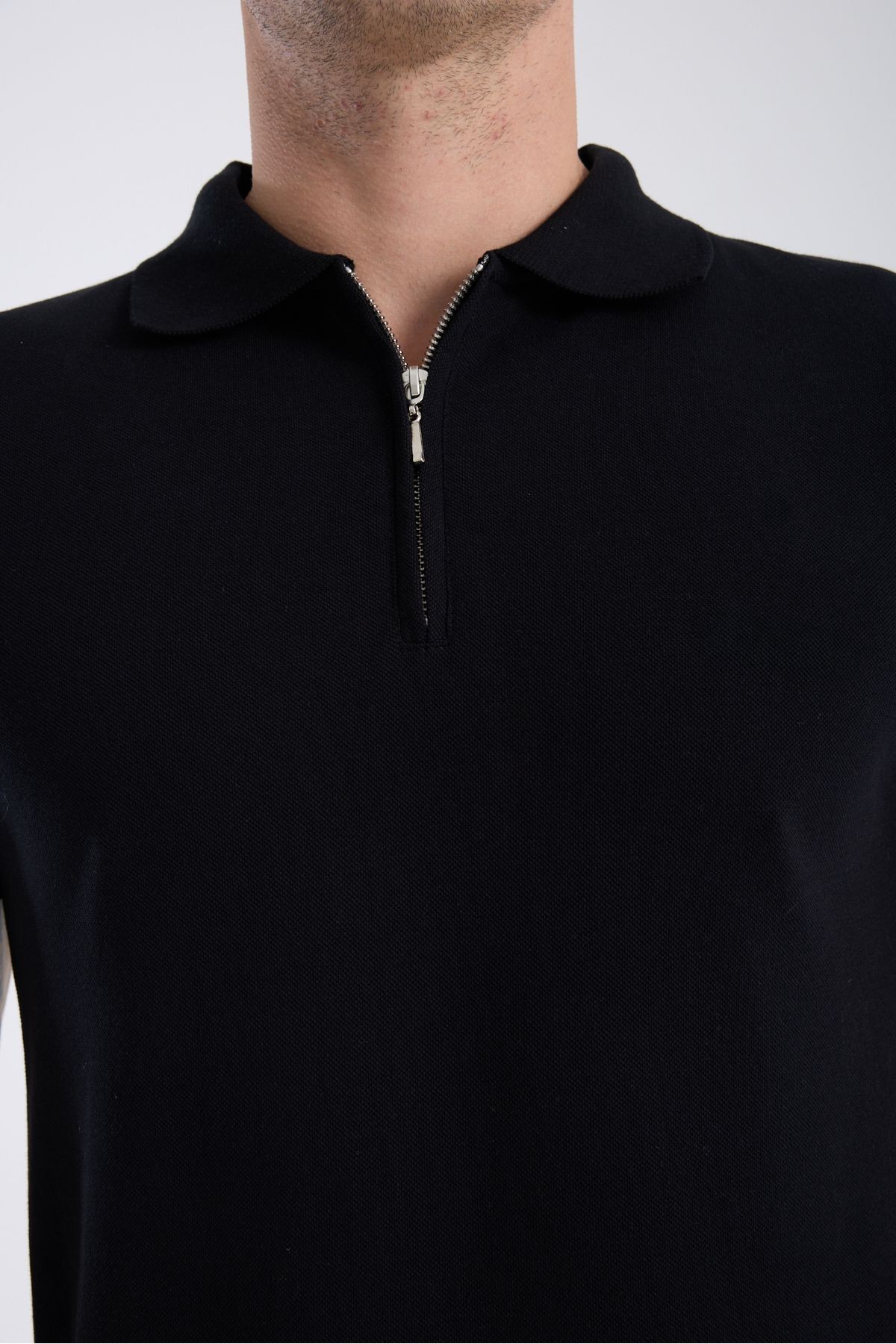 Fermuarlı Polo Yaka T-Shirt %100 Pamuk Slim Fit
