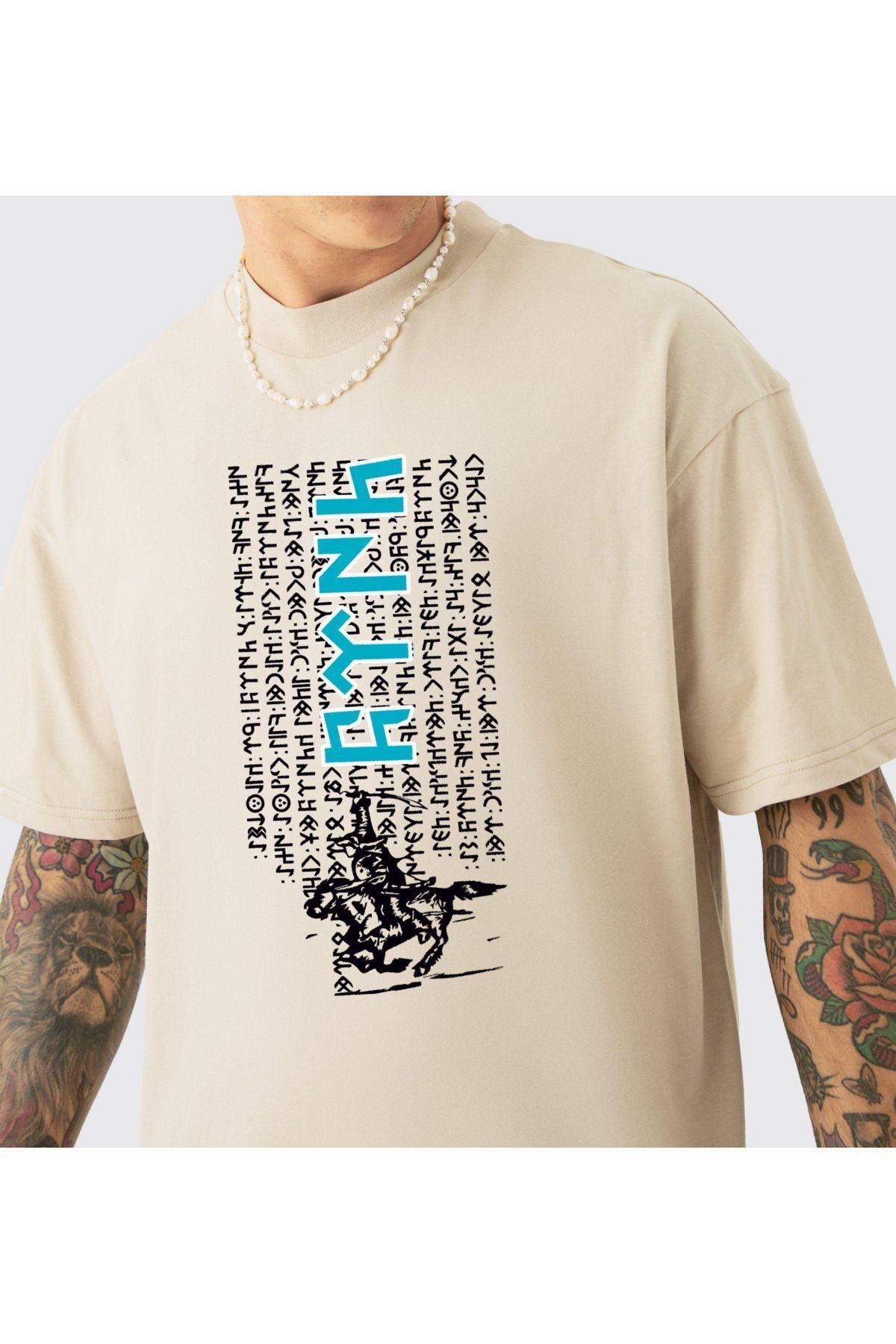Göktürk Alfabesi Özel tasarım Oversize T-shirt Orhun yazıtları Türk Baskılı mavi ön baskılı