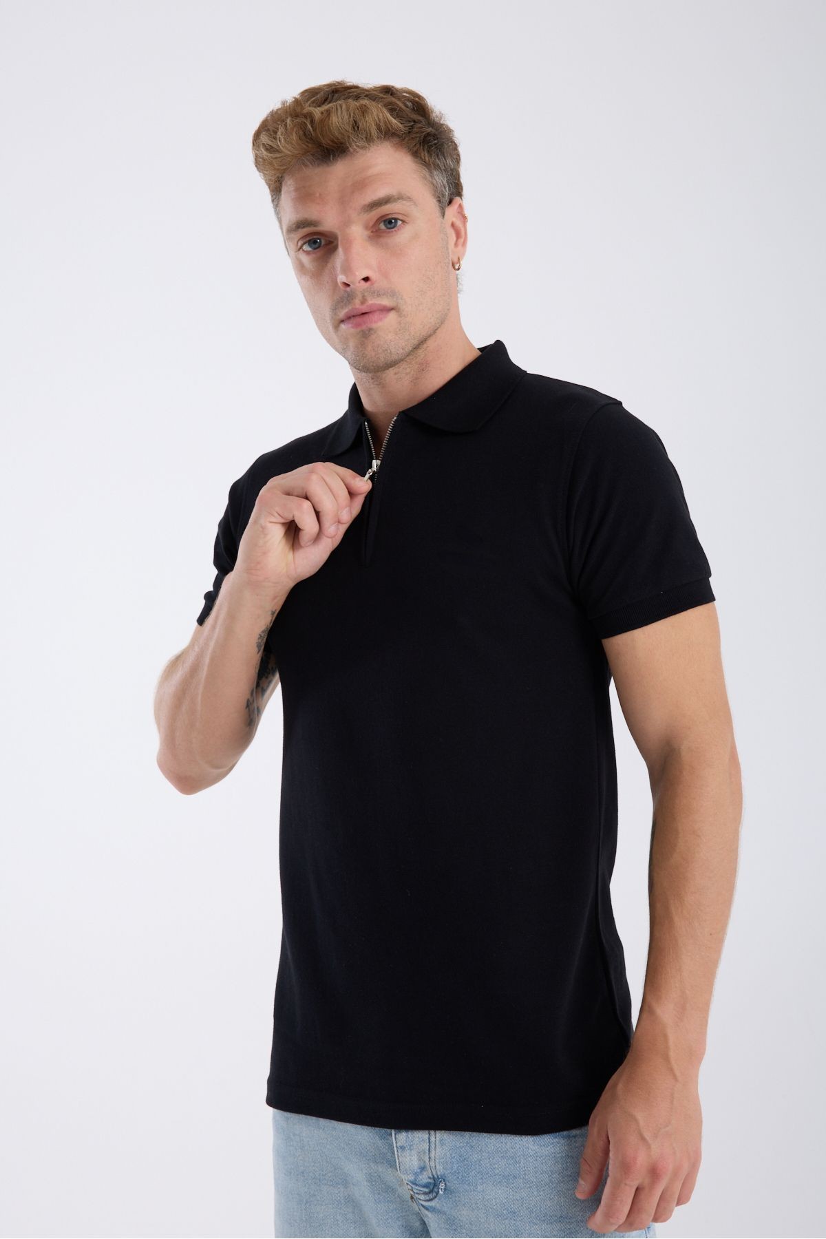 Fermuarlı Polo Yaka T-Shirt %100 Pamuk Slim Fit