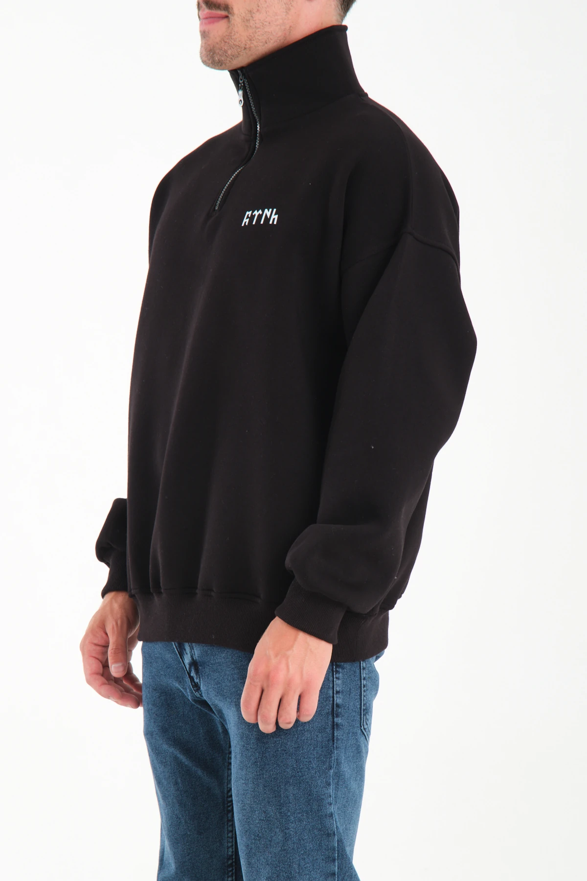 Türk Baskılı Oversize Yarım Fermuarlı Sweatshirt Kıvrılabilir Dik Yaka 3 İplik Premium Kalite