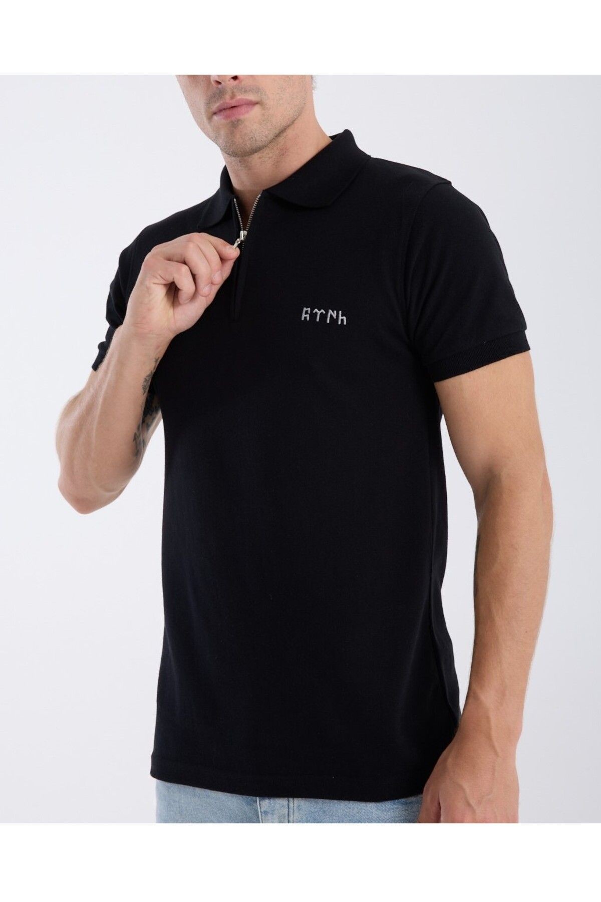Polo Yaka T-Shirt Göktürk Harfleri Türk Baskılı Nakışlı Özel Tasarım %100 Pamuk Slim Fit Fermuarlı