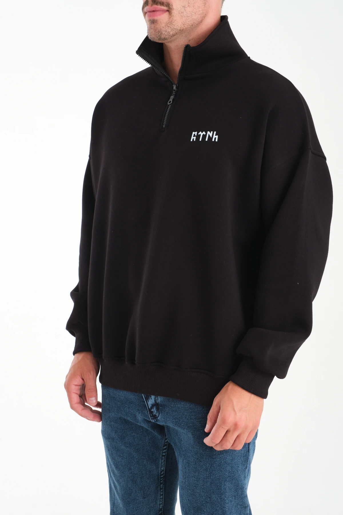 Türk Baskılı Oversize Yarım Fermuarlı Sweatshirt Kıvrılabilir Dik Yaka 3 İplik Premium Kalite
