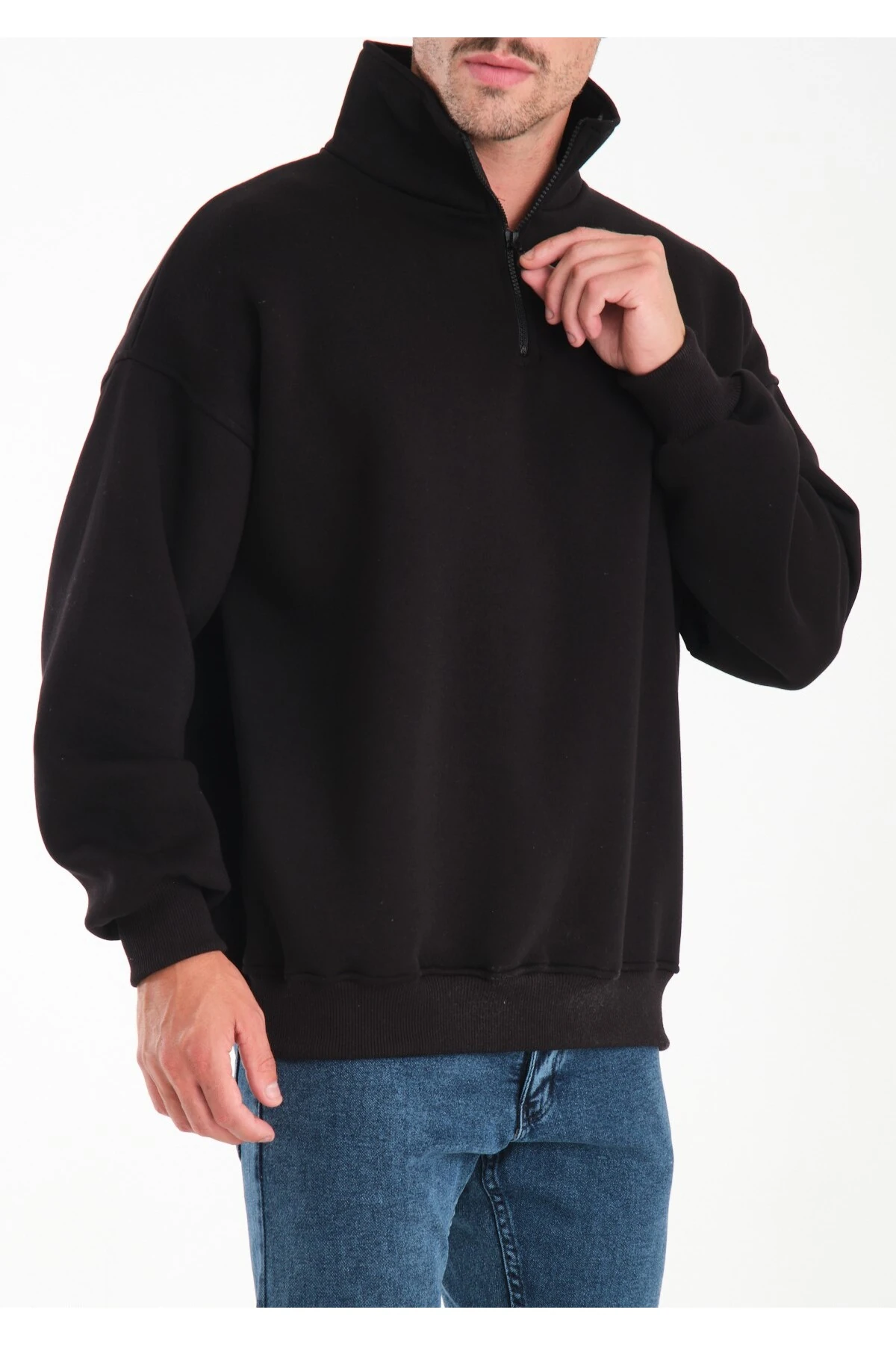 Oversize Yarım Fermuarlı Sweatshirt Kıvrılabilir Dik Yaka İçi Polarlı Premium Kalite