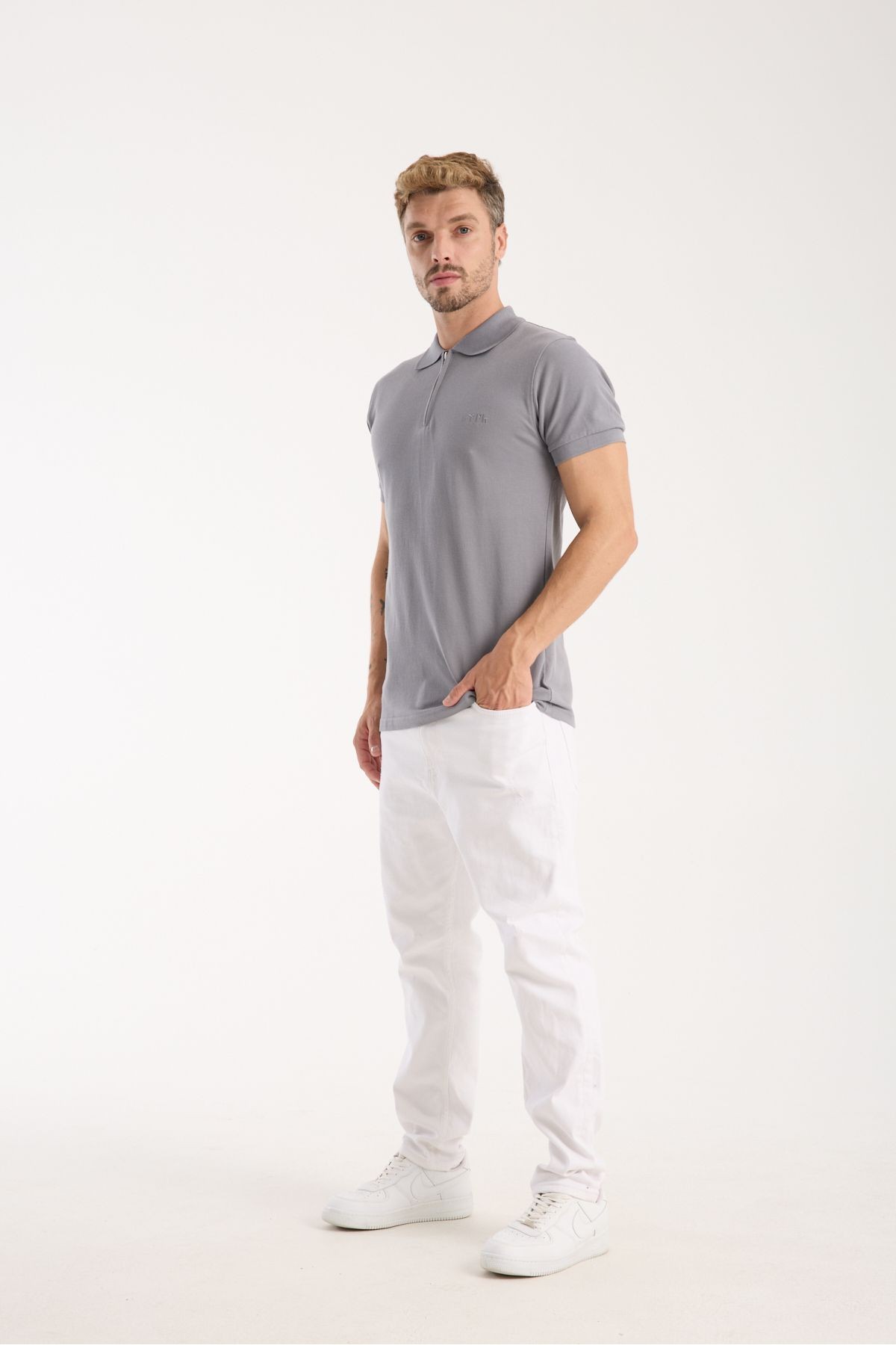Polo Yaka T-Shirt Göktürk Harfleri Türk Baskılı Nakışlı Özel Tasarım %100 Pamuk Slim Fit Fermuarlı