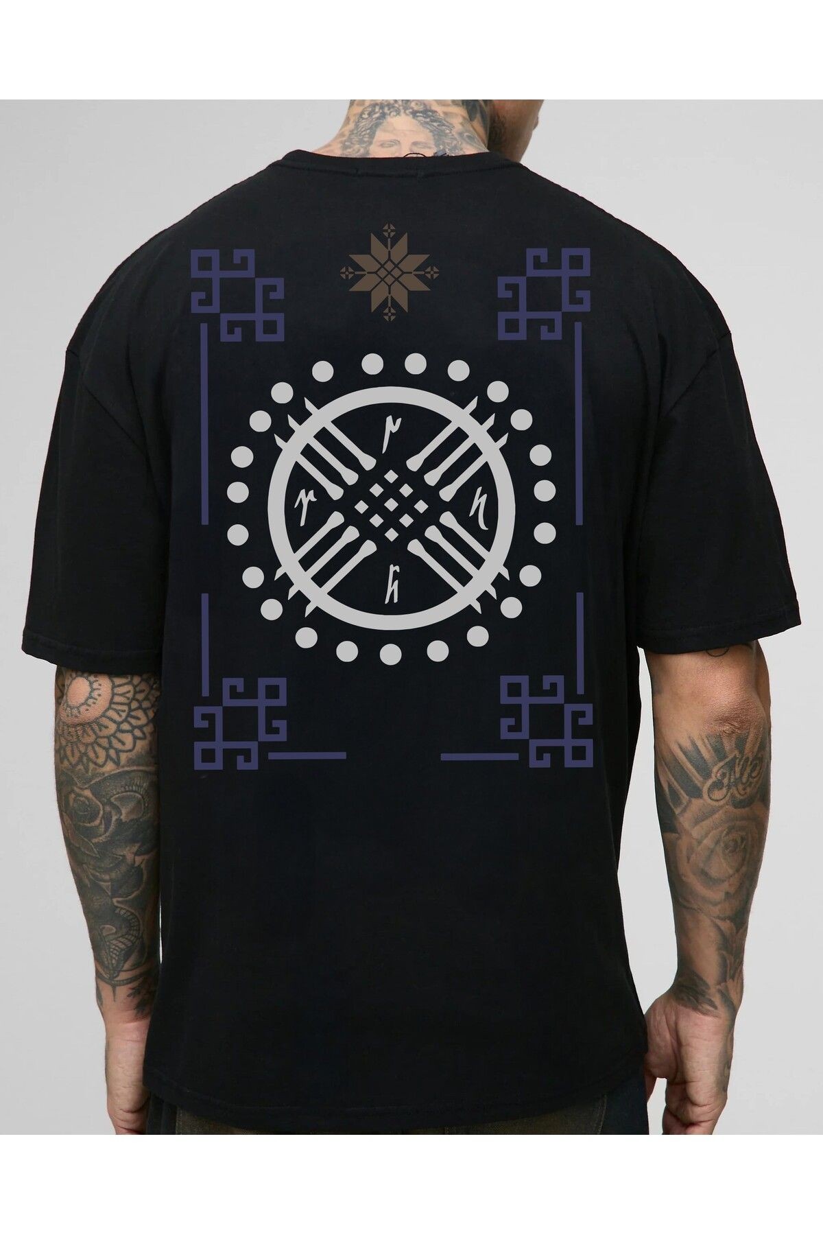 Türk Motif Desen Baskılı Oversize T-Shirt