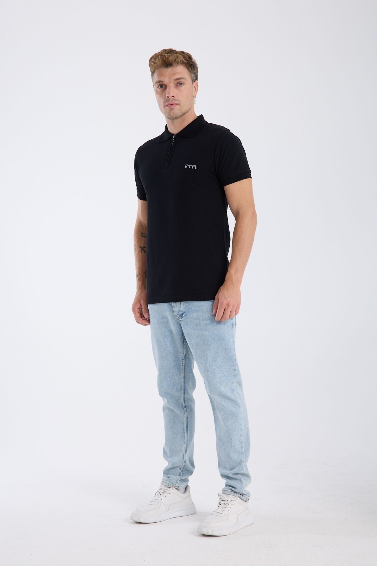 Polo Yaka T-Shirt Göktürk Harfleri Türk Baskılı Nakışlı Özel Tasarım %100 Pamuk Slim Fit Fermuarlı