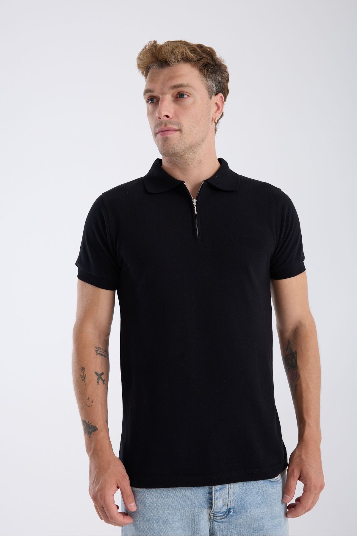 Fermuarlı Polo Yaka T-Shirt %100 Pamuk Slim Fit