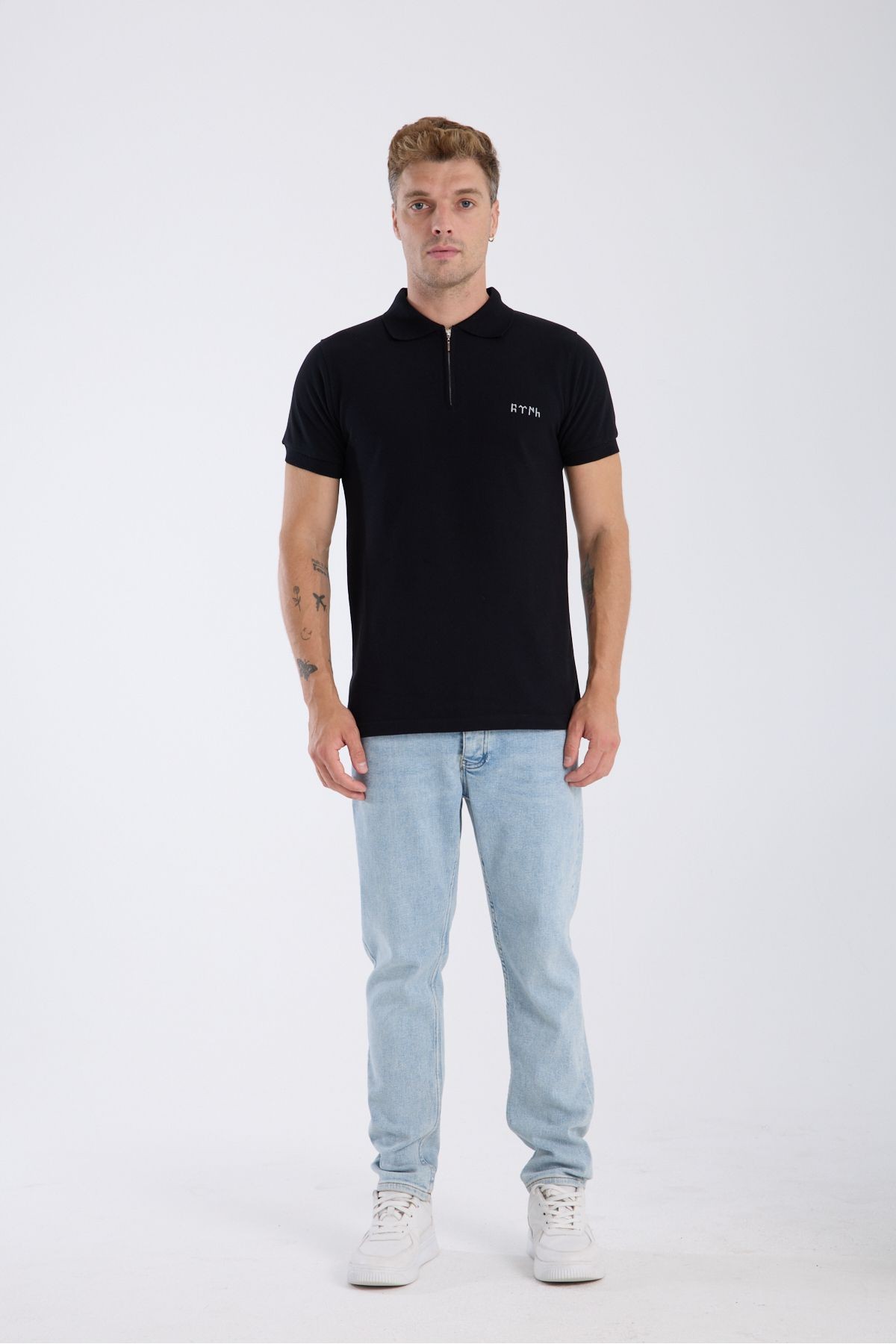 Polo Yaka T-Shirt Göktürk Harfleri Türk Baskılı Nakışlı Özel Tasarım %100 Pamuk Slim Fit Fermuarlı