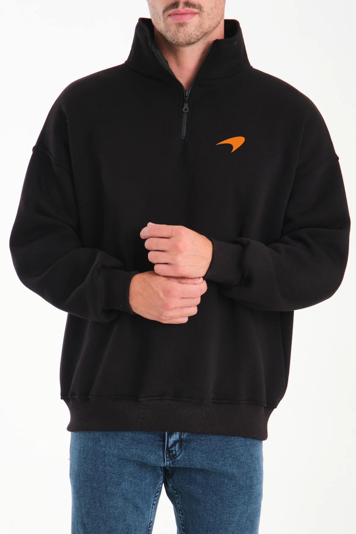 MCLAREN LOGO Oversize Yarım Fermuarlı Sweatshirt Kıvrılabilir Dik Yaka 3 İplik Premium Kalite