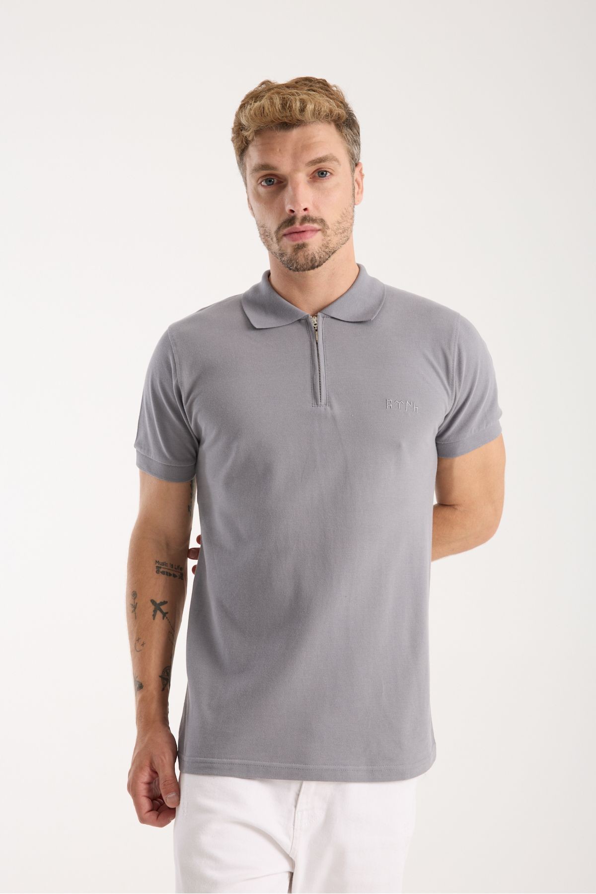 Polo Yaka T-Shirt Göktürk Harfleri Türk Baskılı Nakışlı Özel Tasarım %100 Pamuk Slim Fit Fermuarlı