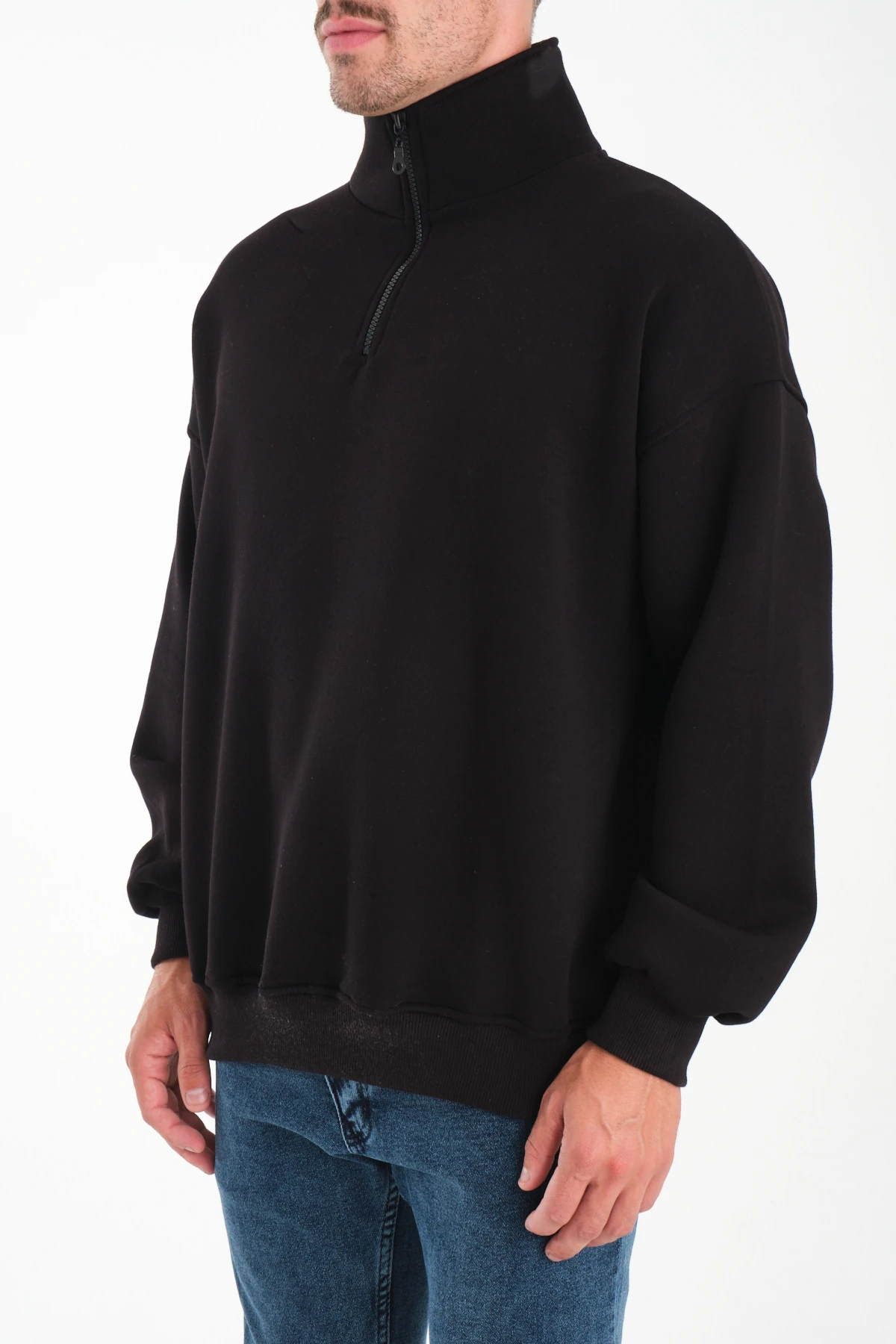 Oversize Yarım Fermuarlı Sweatshirt Kıvrılabilir Dik Yaka İçi Polarlı Premium Kalite