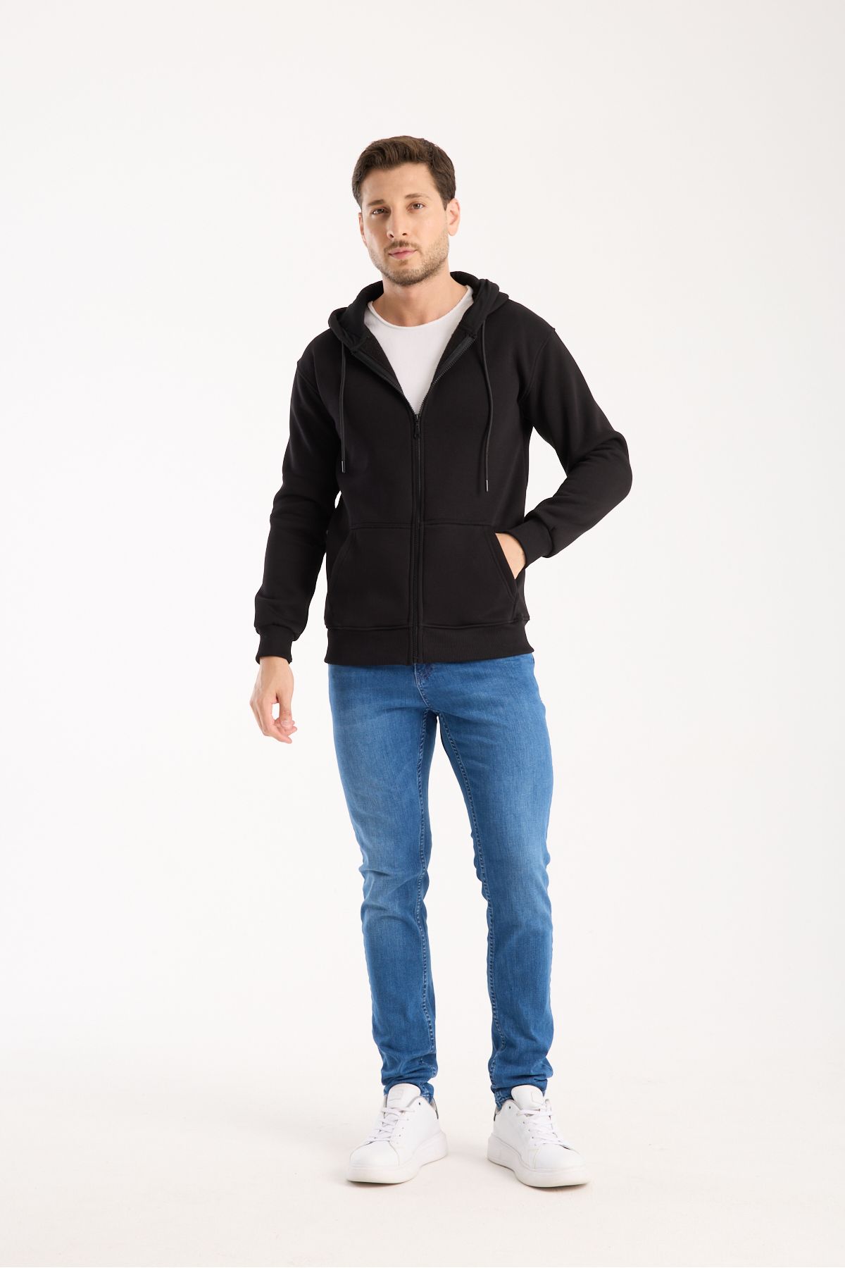Kapüşonlu Fermuarlı Sweatshirt Ceket İçi Polarlı 3 İplik Normal Kalıp