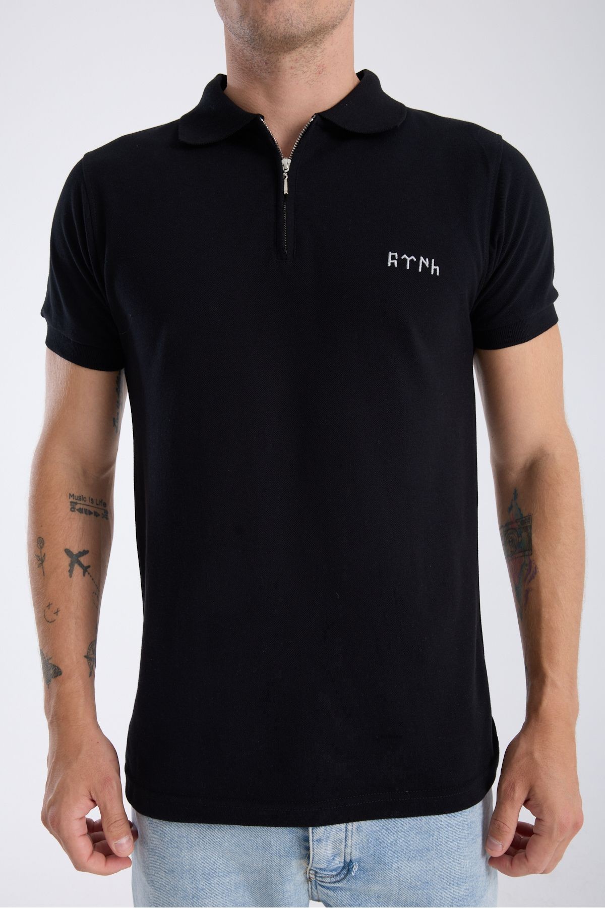 Polo Yaka T-Shirt Göktürk Harfleri Türk Baskılı Nakışlı Özel Tasarım %100 Pamuk Slim Fit Fermuarlı