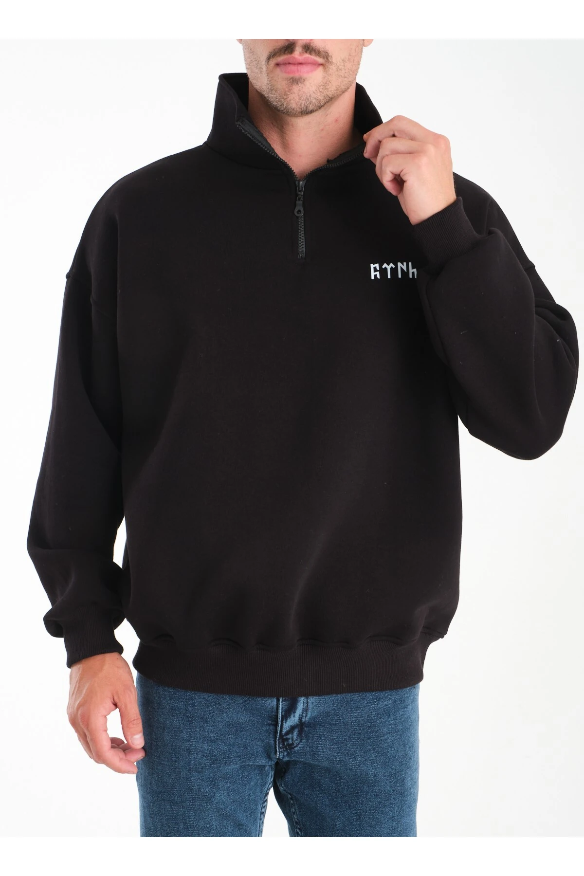 Türk Baskılı Oversize Yarım Fermuarlı Sweatshirt Kıvrılabilir Dik Yaka 3 İplik Premium Kalite