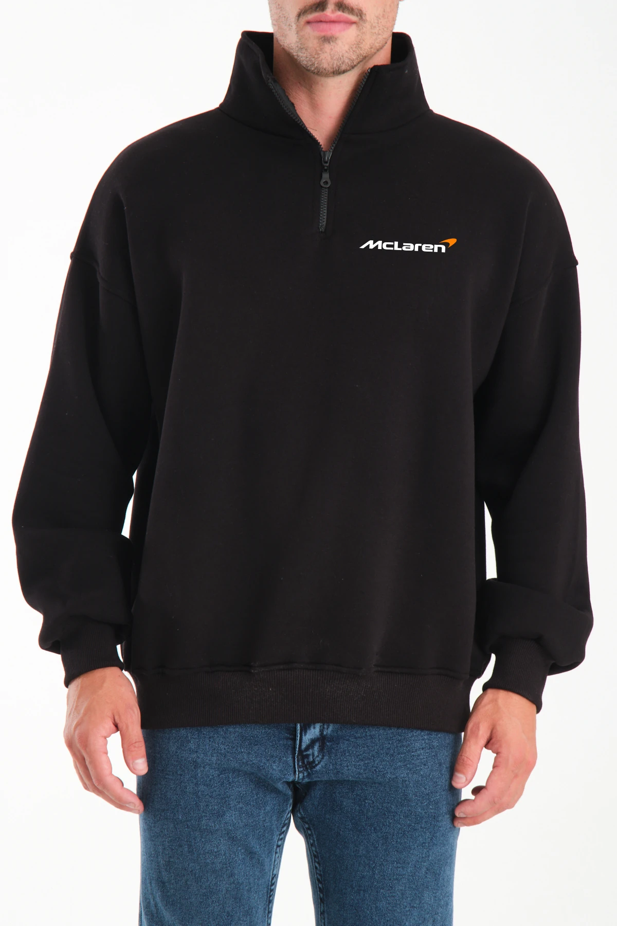 McLaren F1 Oversize Yarım Fermuarlı Sweatshirt Kıvrılabilir Dik Yaka 3 İplik Premium Kalite