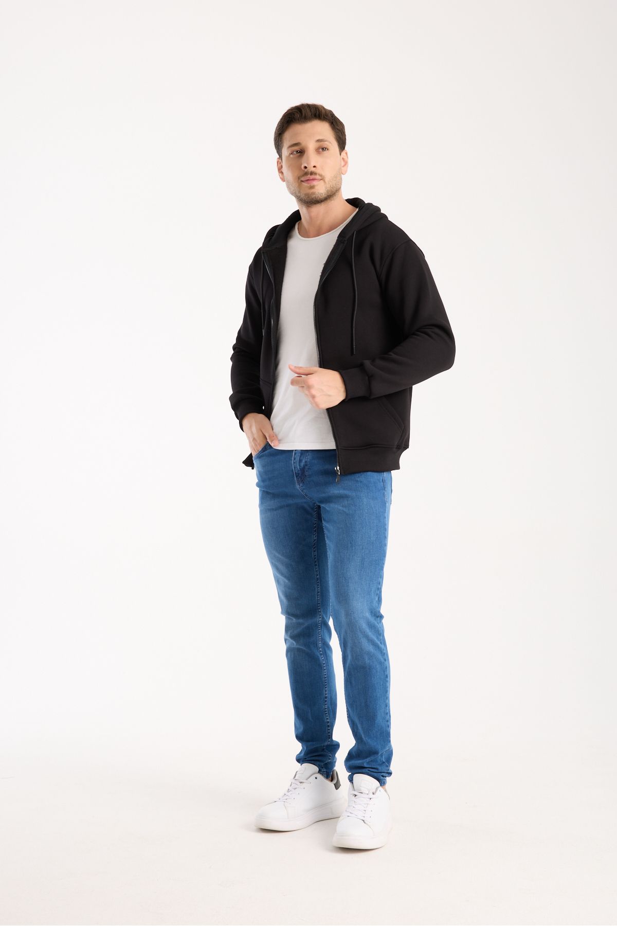 Kapüşonlu Fermuarlı Sweatshirt Ceket İçi Polarlı 3 İplik Normal Kalıp
