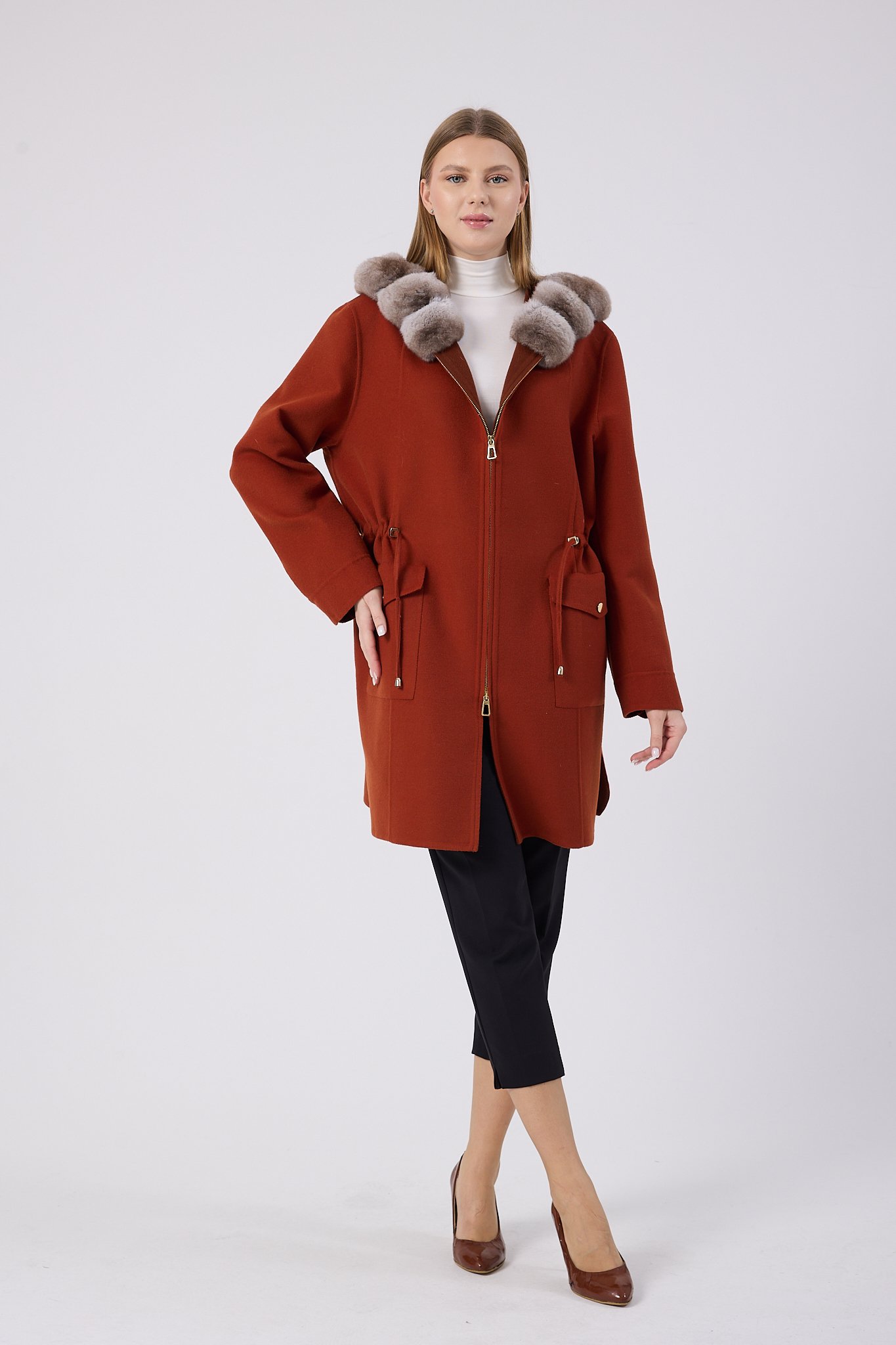 Vicuna Women's Loro Piana Fabric Coat with Chinchilla Trimming