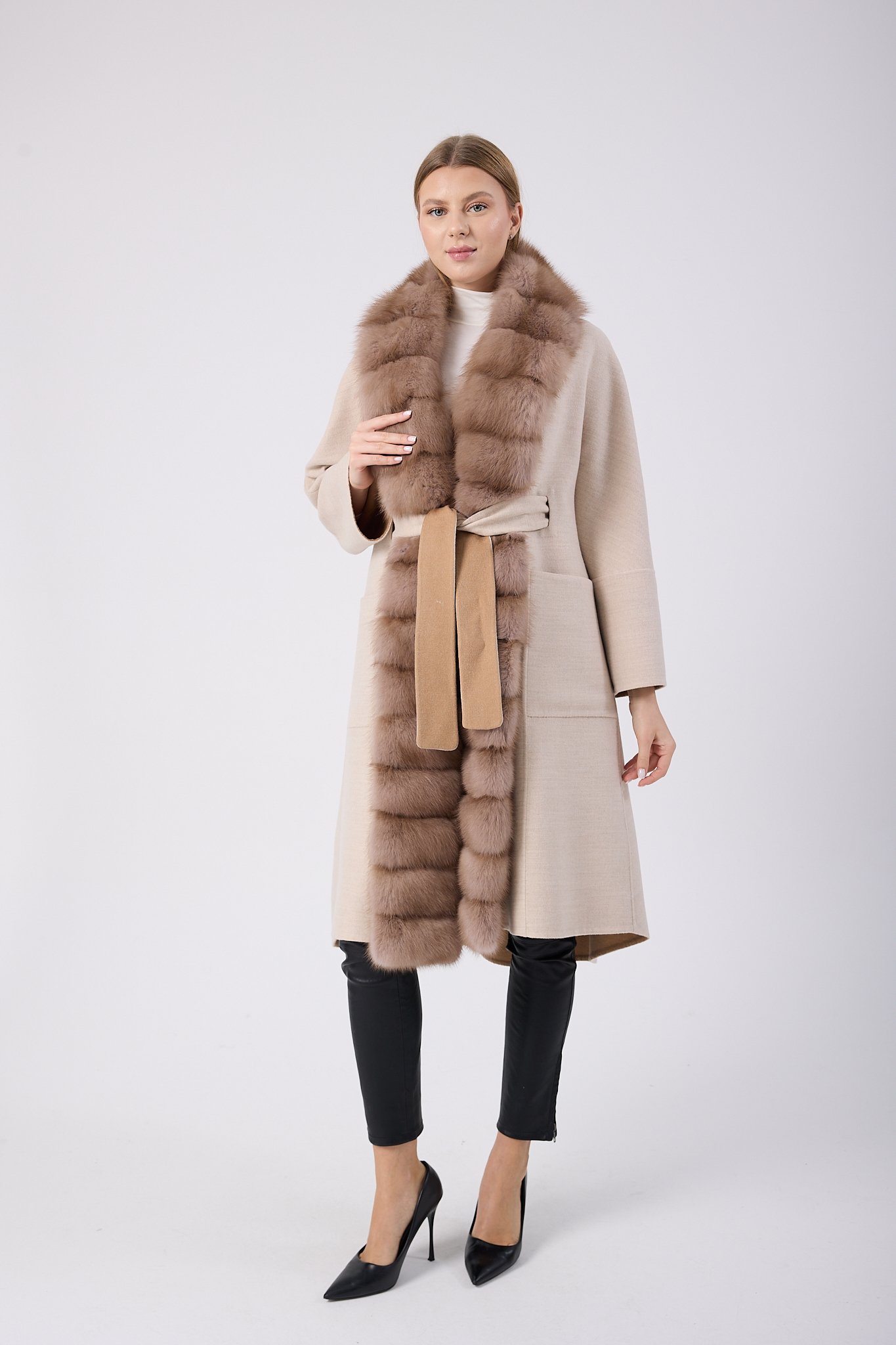 Vicuna Women's Loro Piana Fabric Coat with Sable Trimming