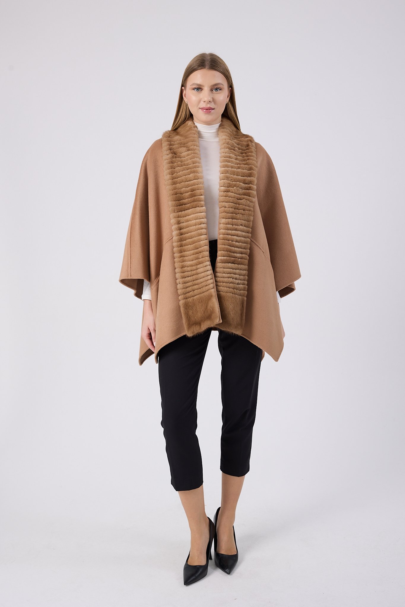 Vicuna Women's Fabric Cape with Mink Trimming