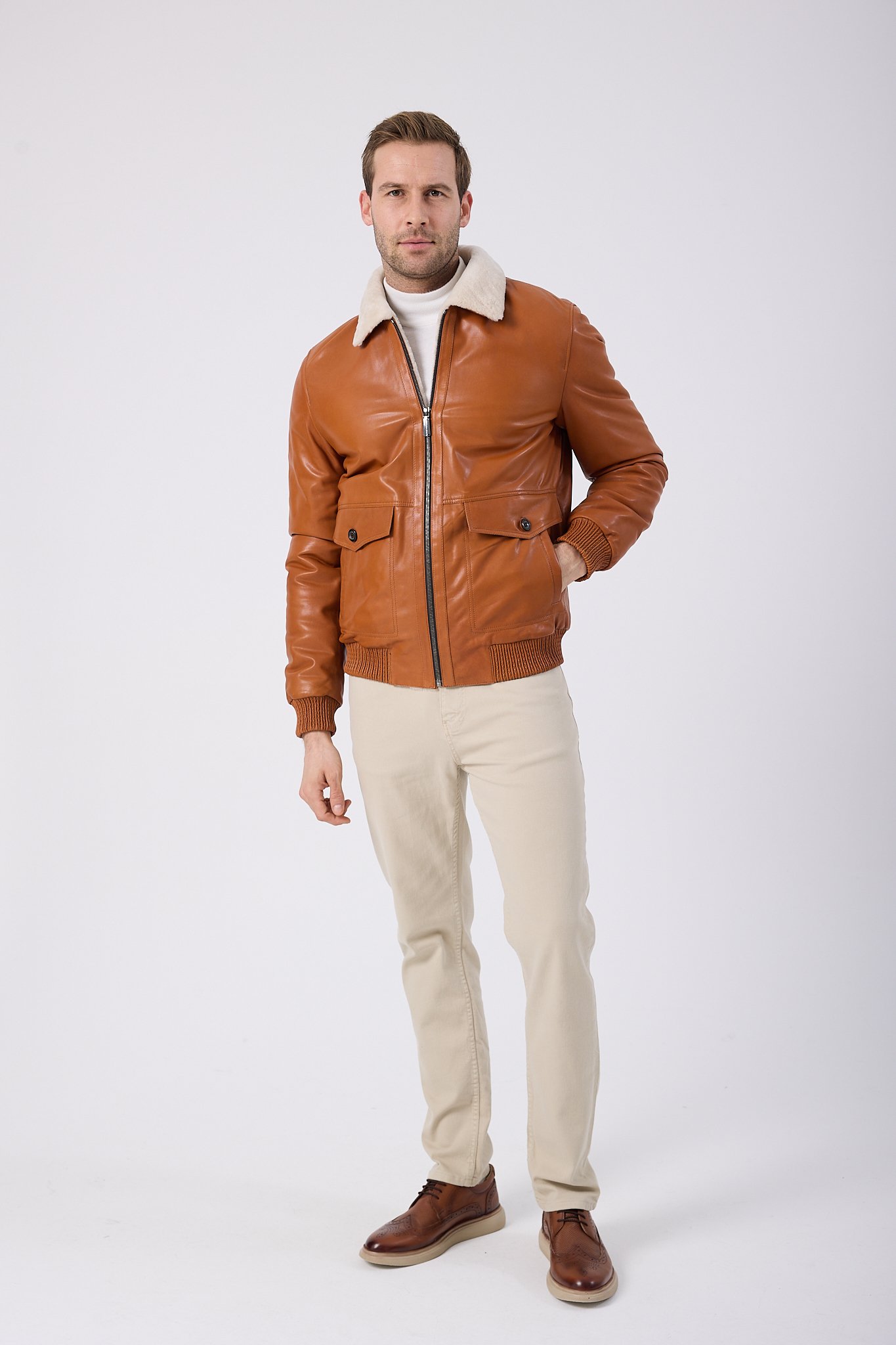 Vicuna Men's Leather Jacket with Lamb Fur Trimming