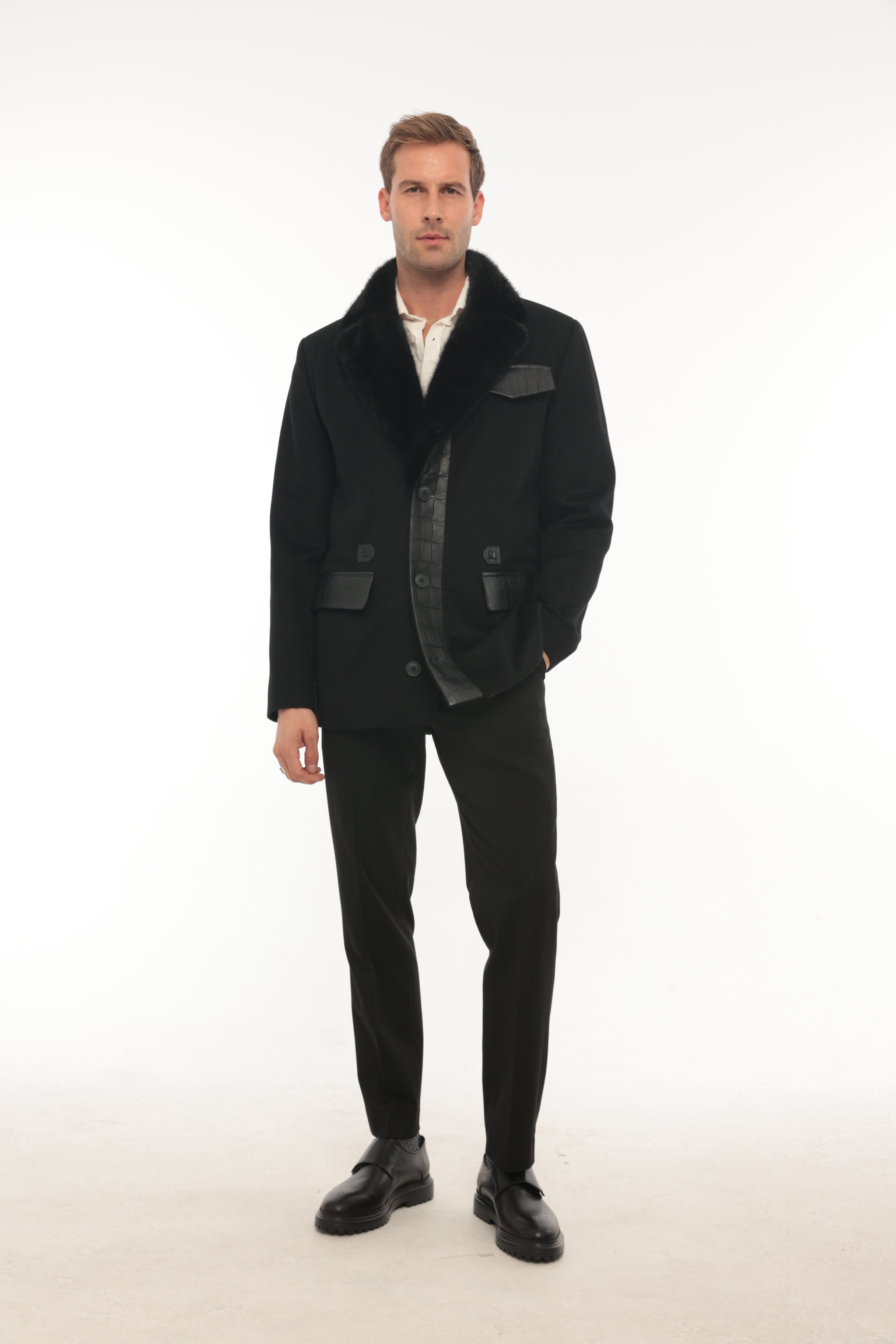 Vicuna Men's Wool Fabric Jacket With Crocodile Trimming