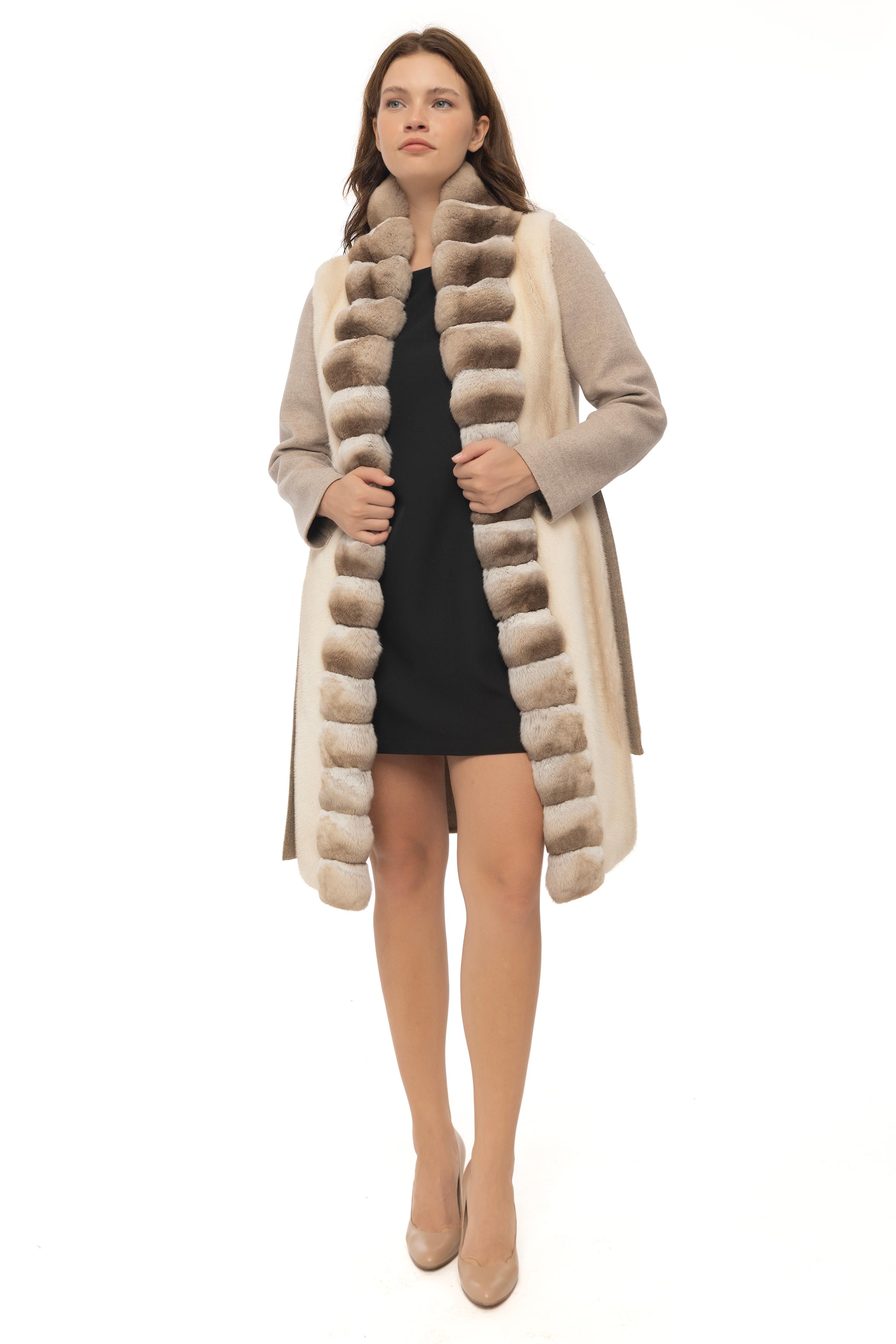 Vicuna Ladies Loro Piana Fabric Coat With Chinchilla Trimming