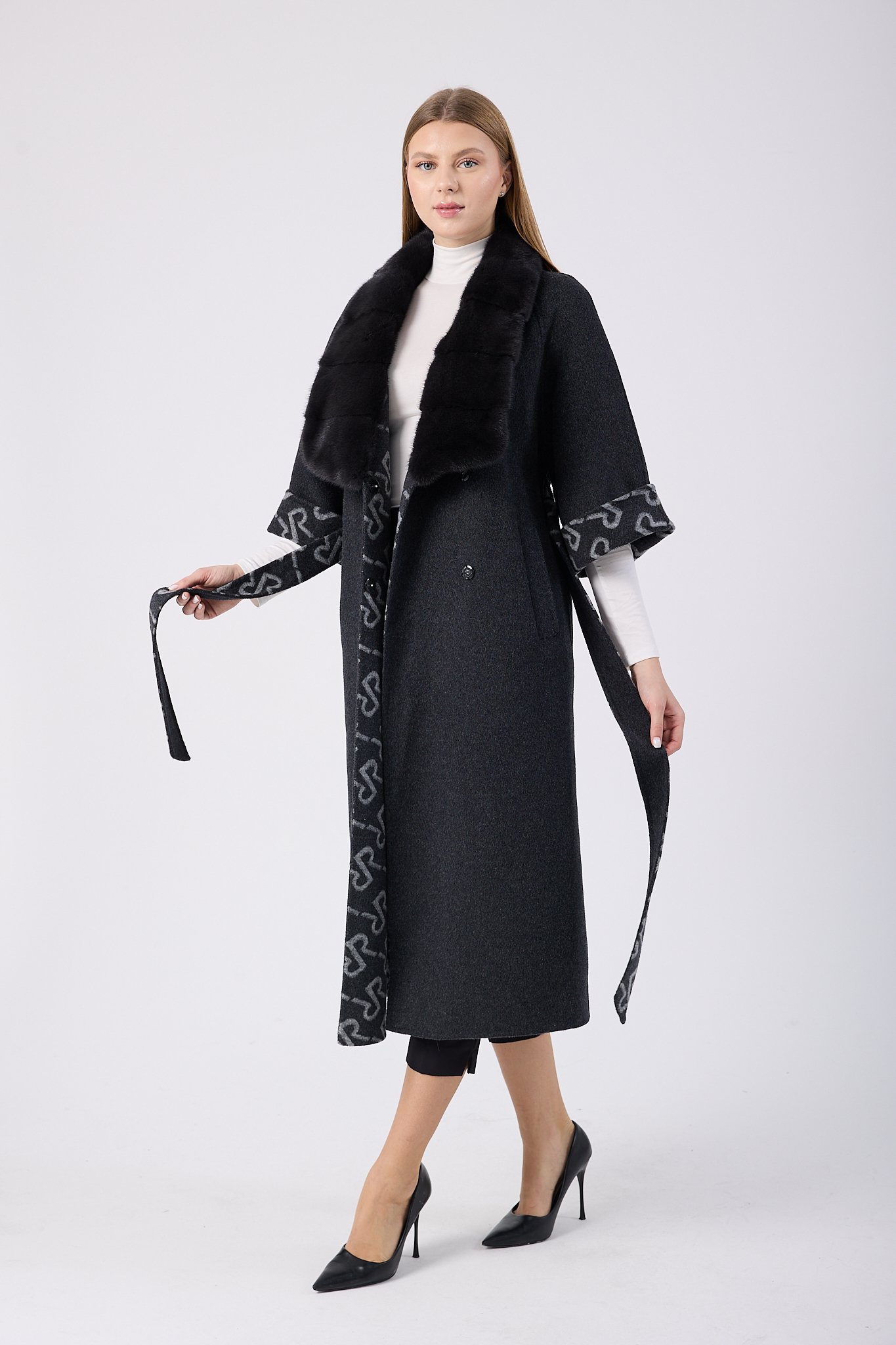 Vicuna Women's Fabric Coat with Mink Trimming