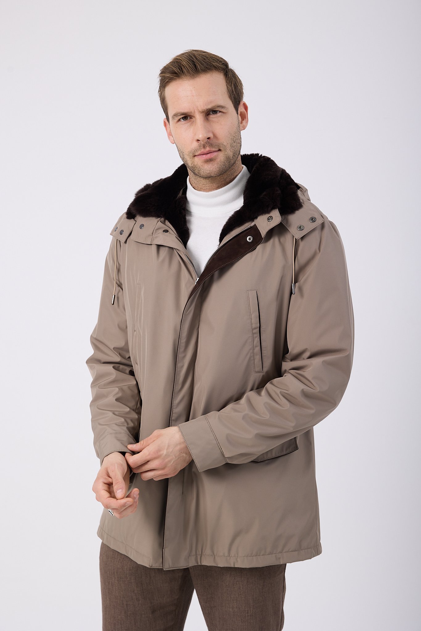 Vicuna Men's Fabric Coat with Rex Trimming