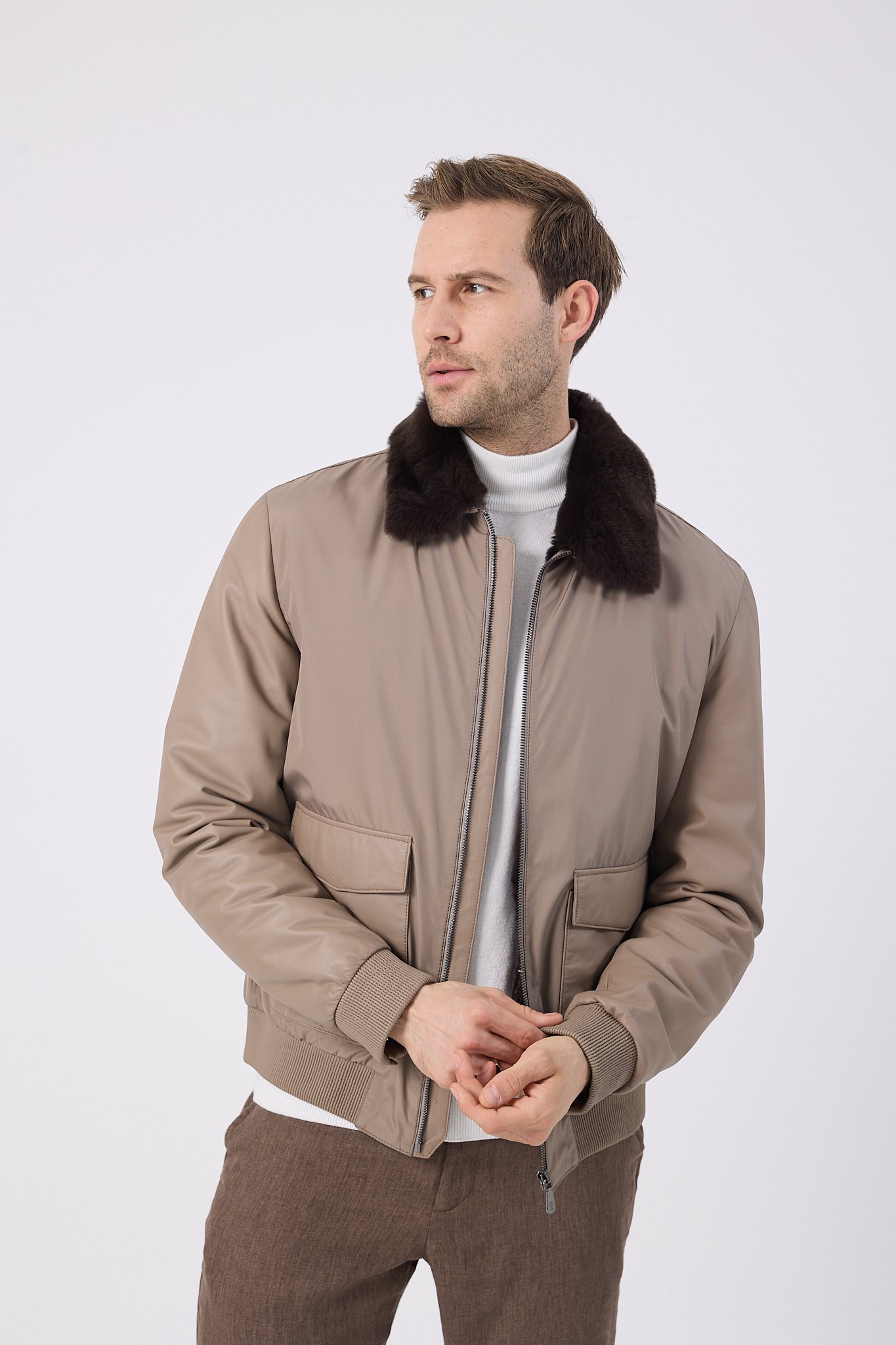 Vicuna Men's Fabric Jacket with Rex Trimming