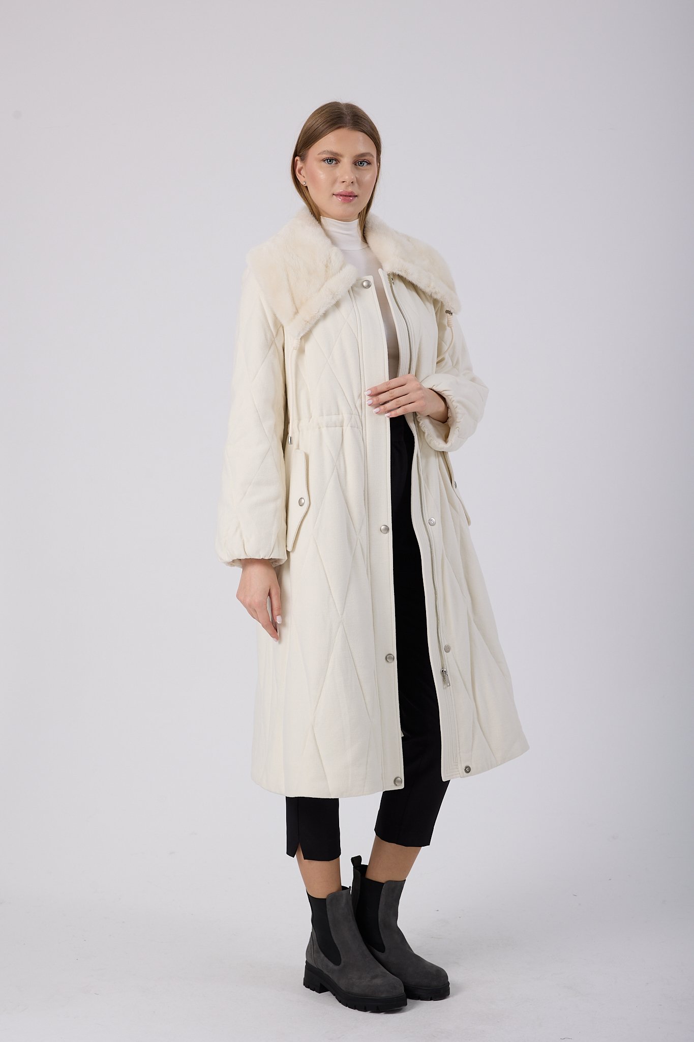 Vicuna Women's Fabric Coat with Mink Trimming