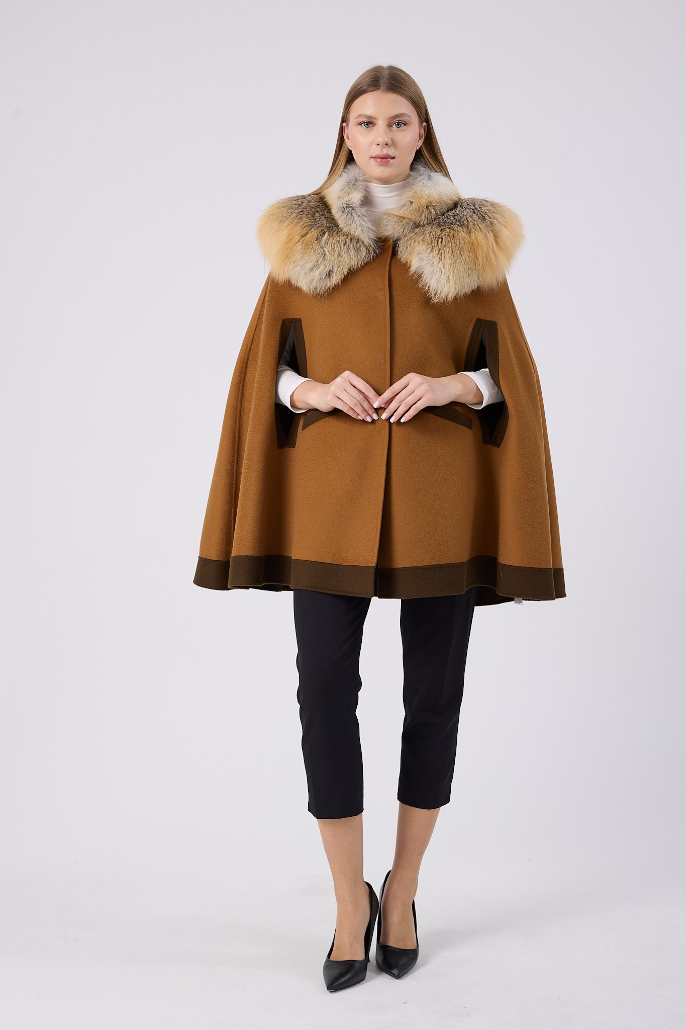 Vicuna Women's Fabric Cape with Fox Trimming