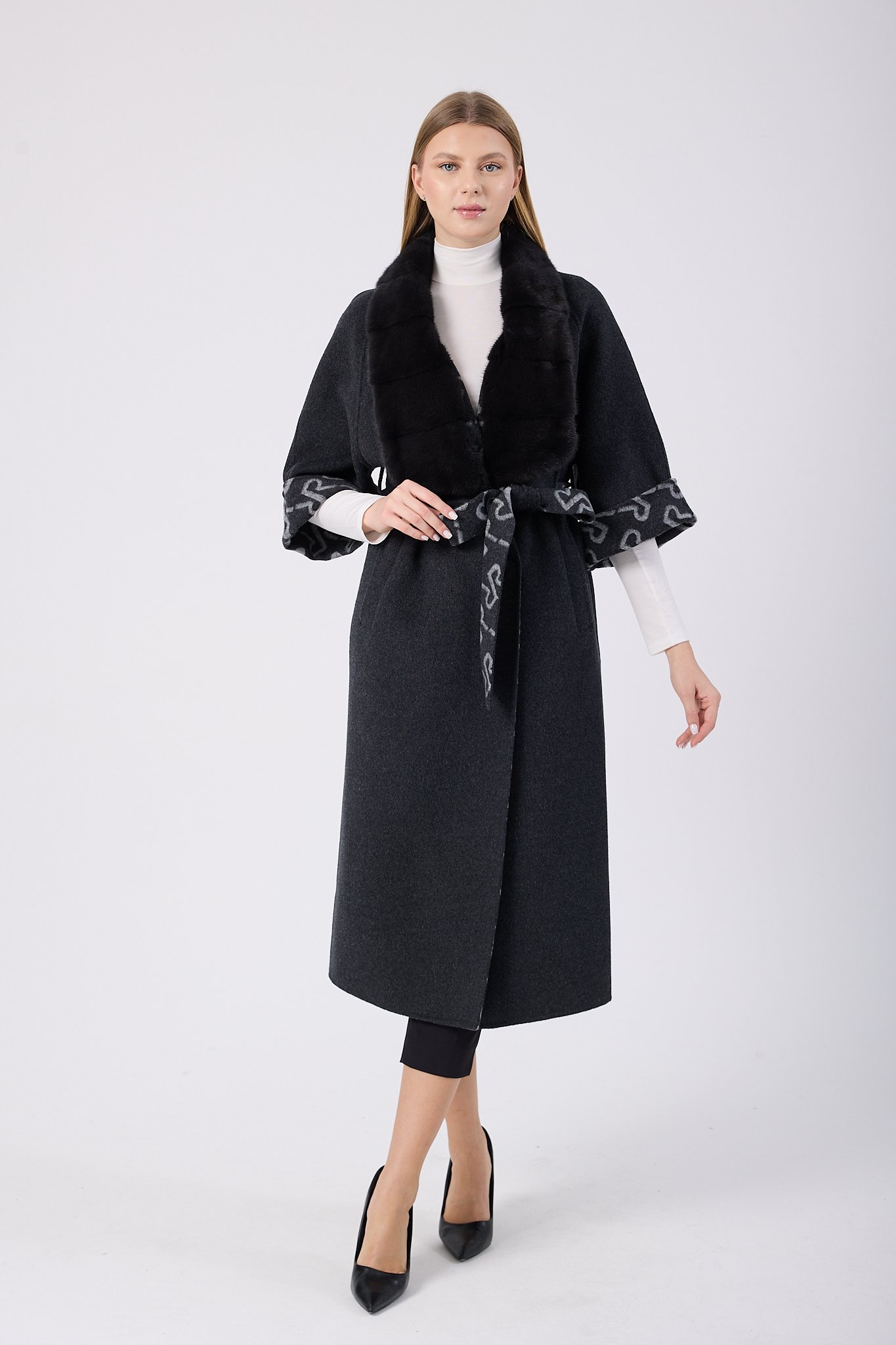 Vicuna Women's Fabric Coat with Mink Trimming