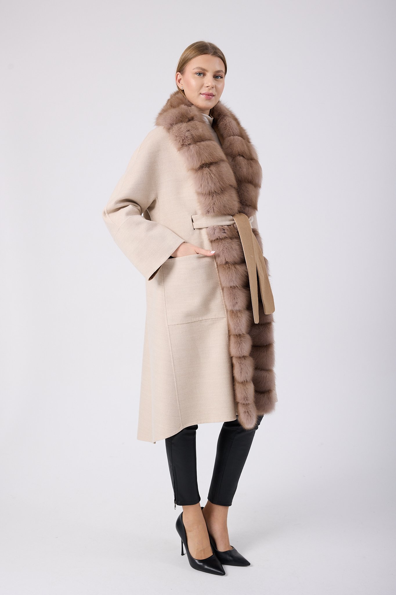 Vicuna Women's Loro Piana Fabric Coat with Sable Trimming