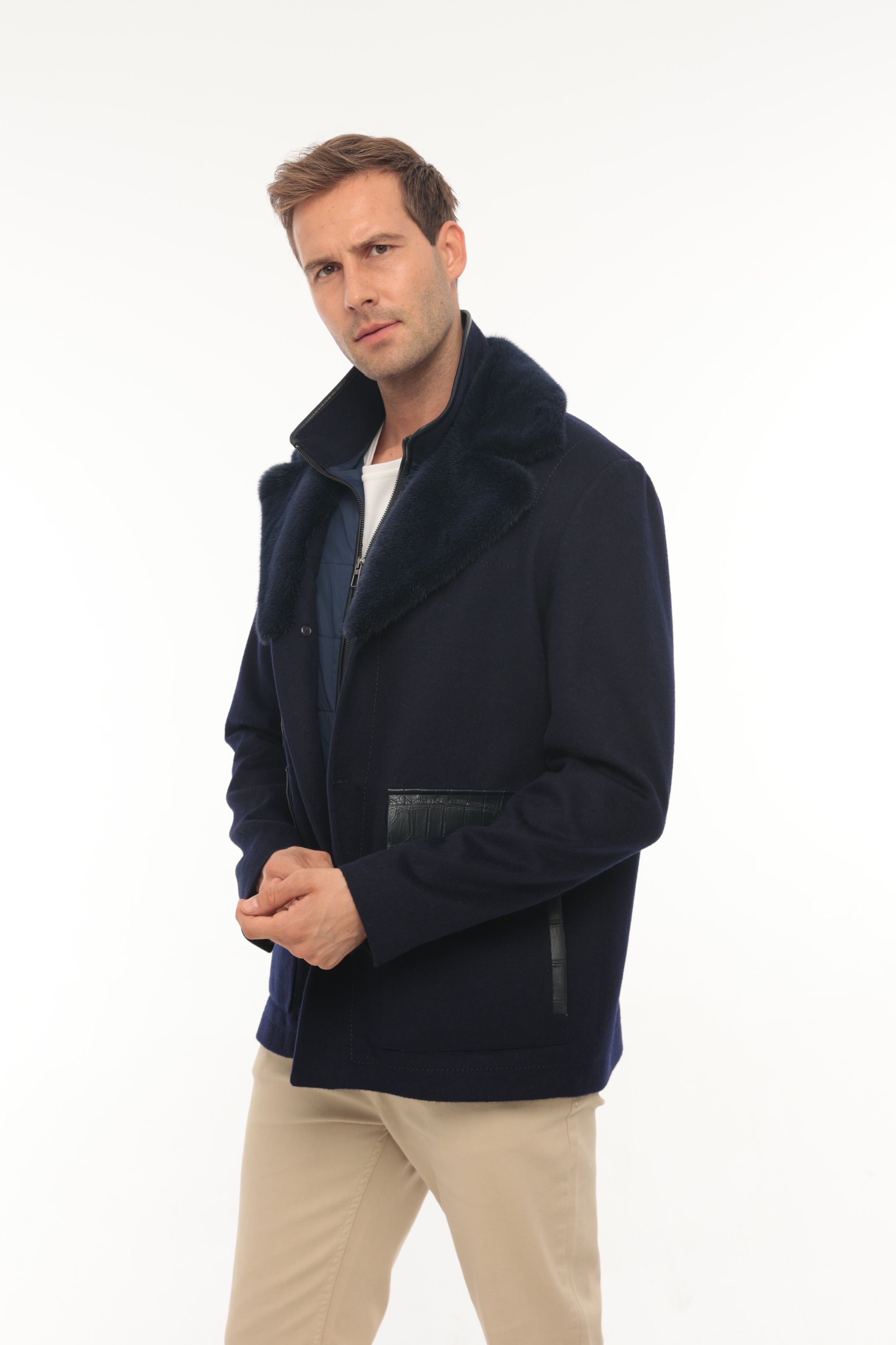 Vicuna Men's Wool Fabric Jacket With Crocodile Trimming