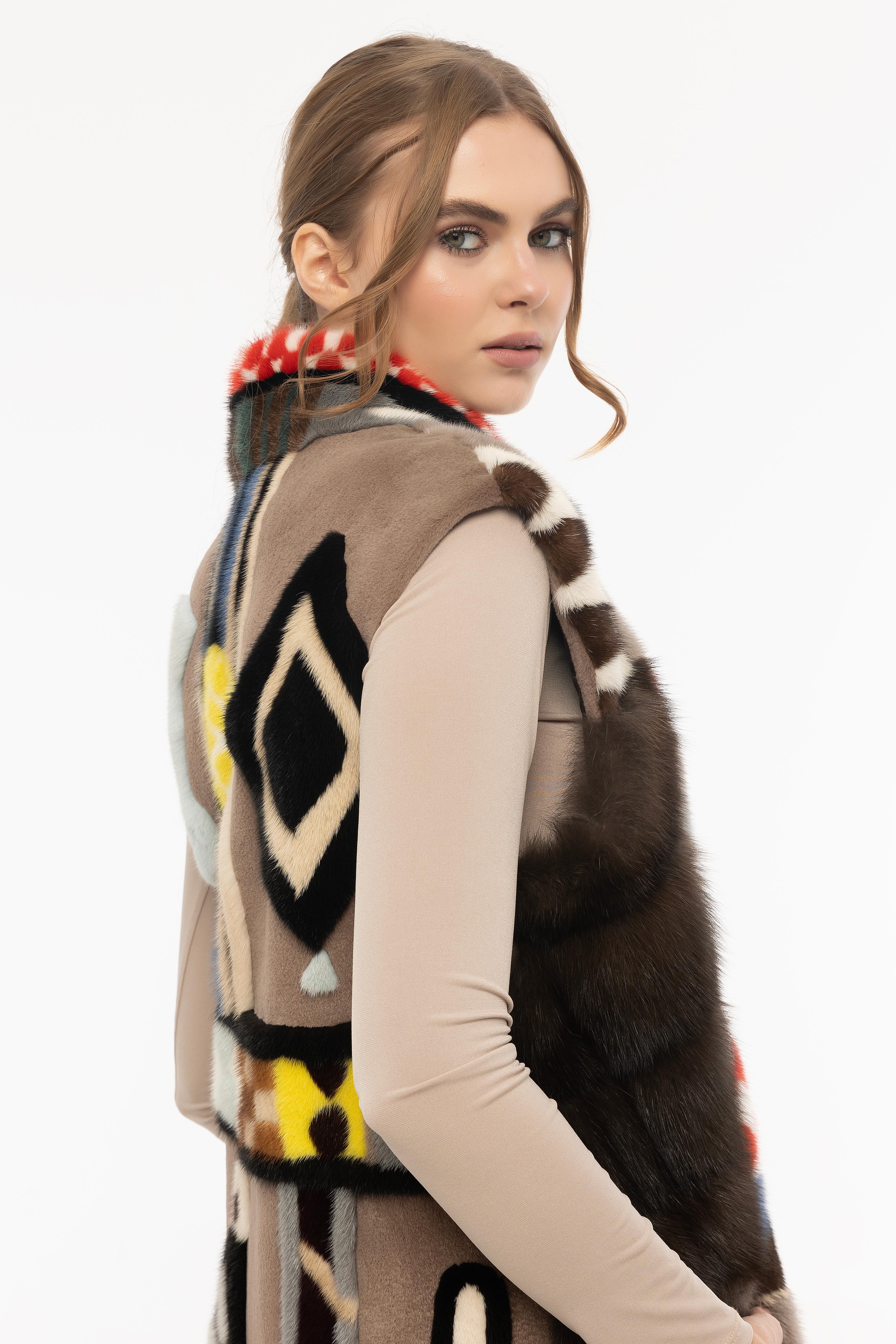 Vicuna Women's Sable Vest With Mink Trimming