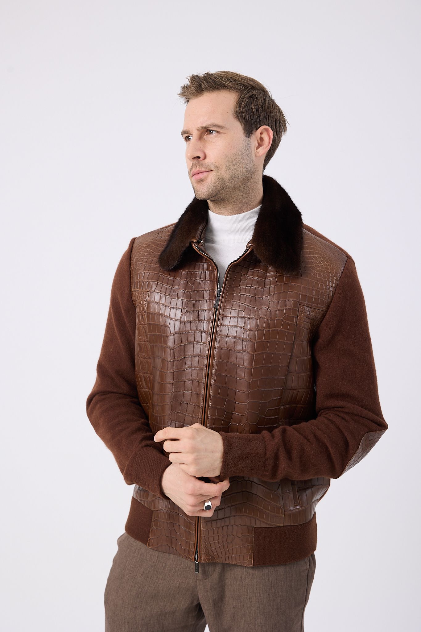 Vicuna Men's Crocodile Jacket with Knit and Mink Trimming