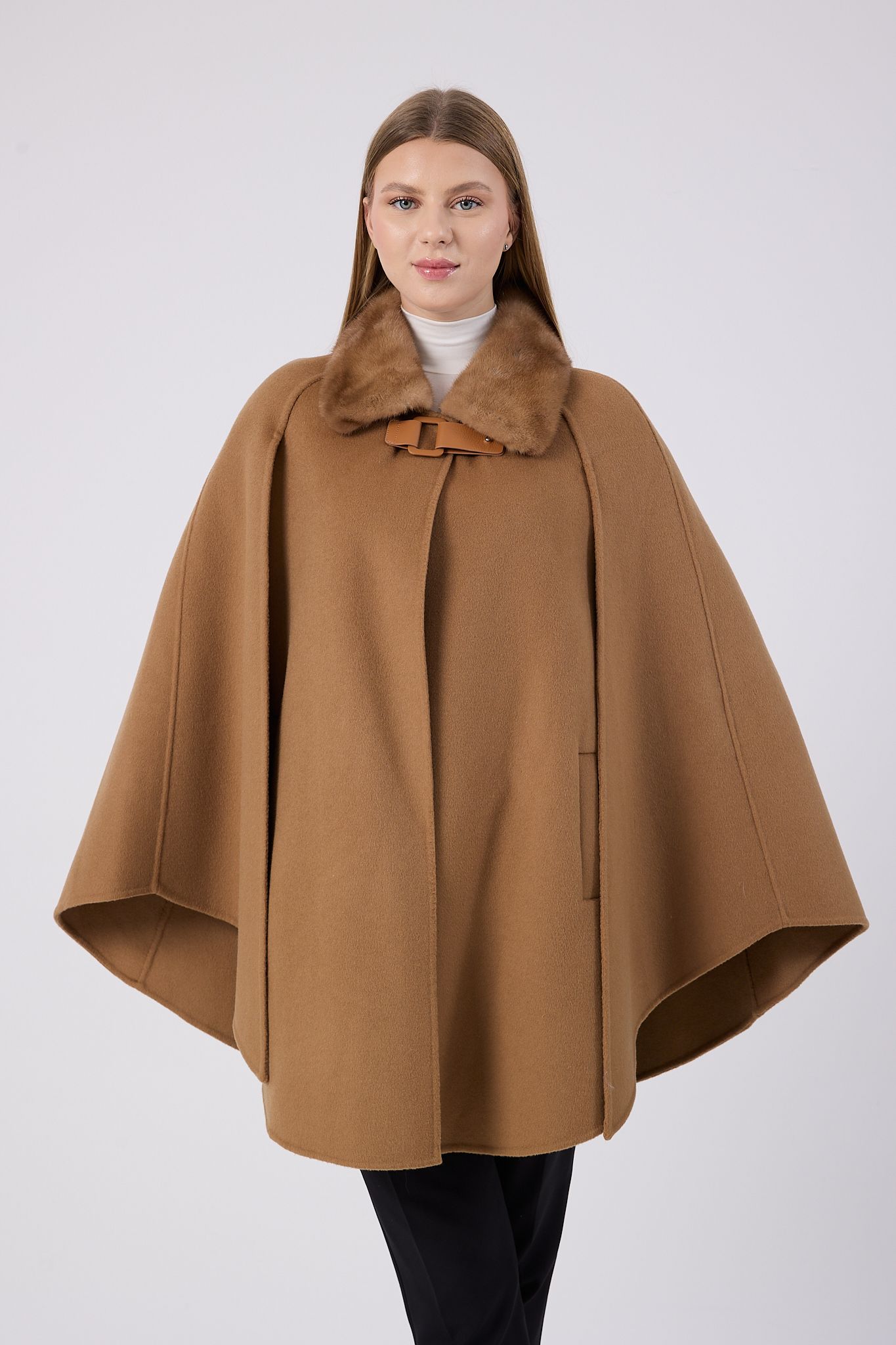 Vicuna Women's Fabric Cape with Mink Trimming