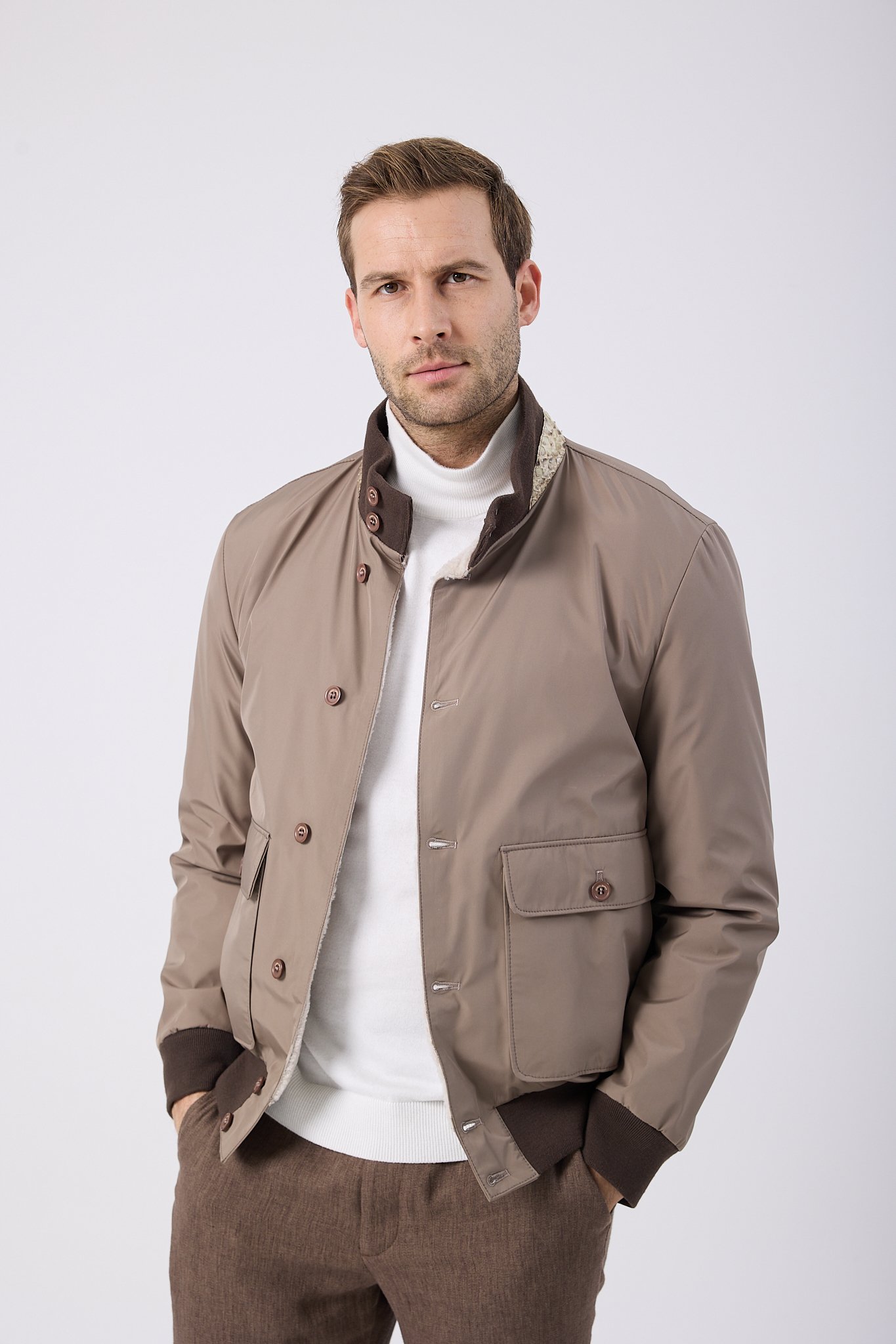 Vicuna Men's Fabric Jacket with Lamb Fur Trimming