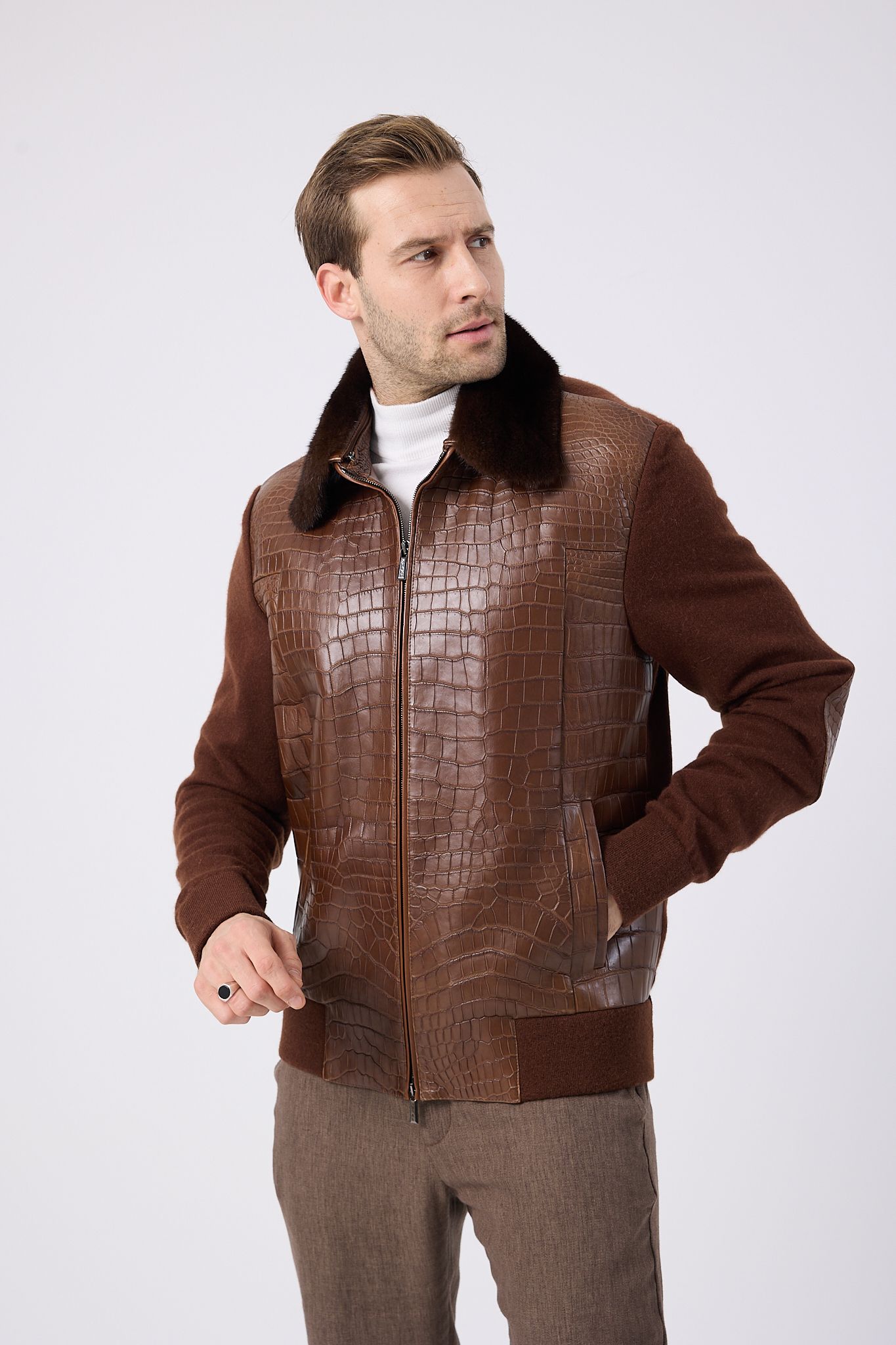 Vicuna Men's Crocodile Jacket with Knit and Mink Trimming