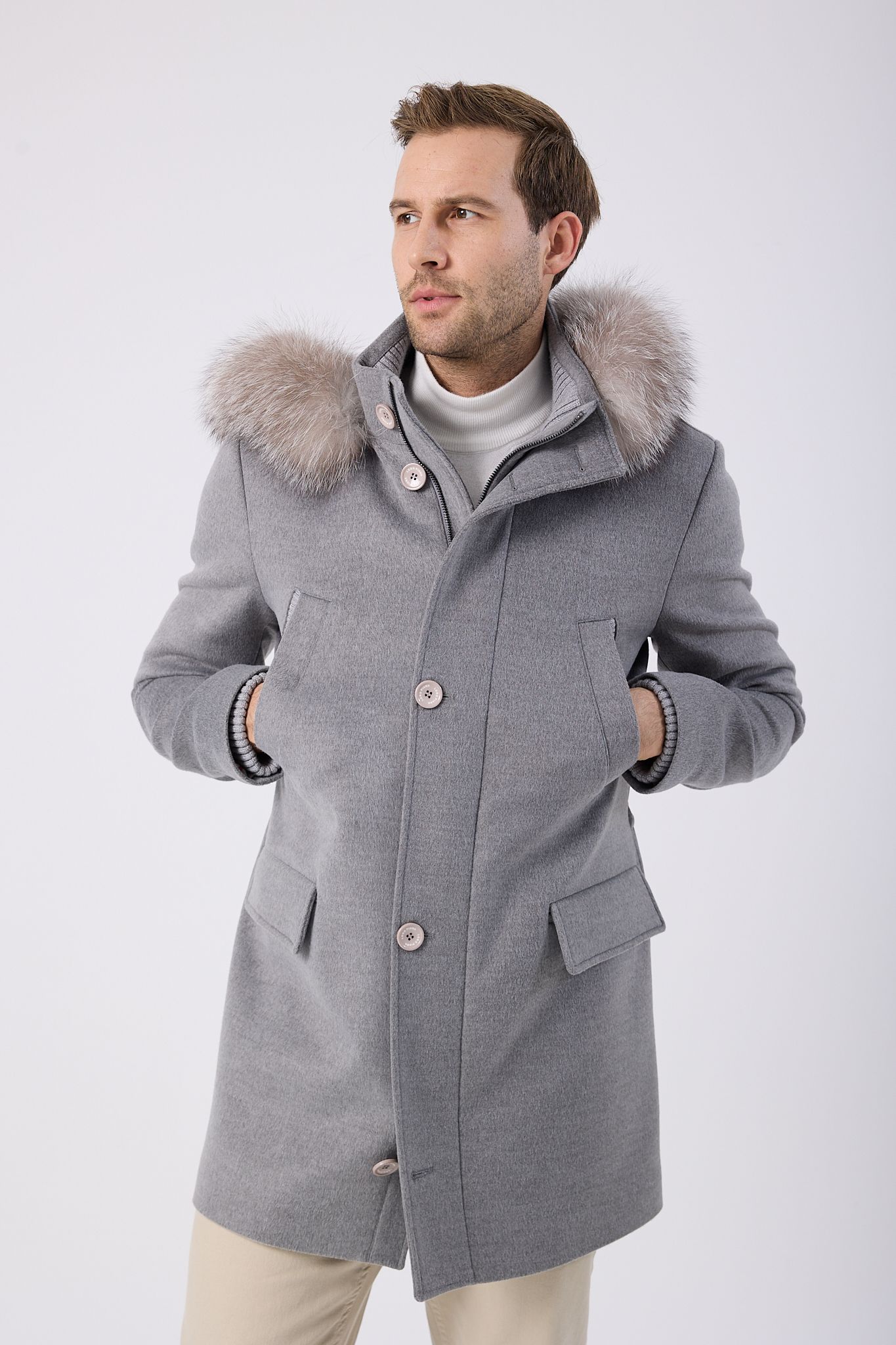 Vicuna Men's Fabric Coat with Fox Trimming