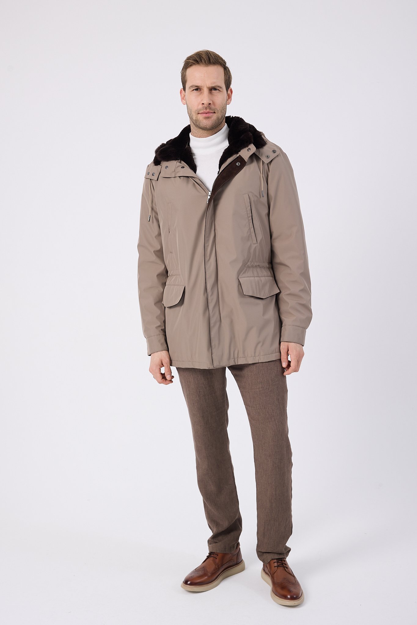 Vicuna Men's Fabric Coat with Rex Trimming