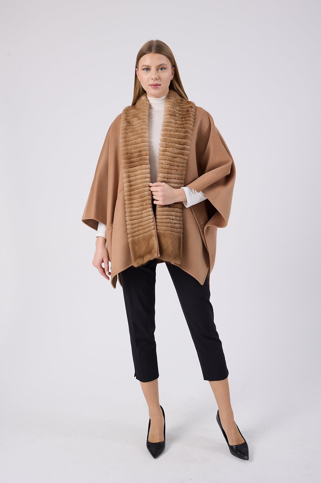 Vicuna Women's Fabric Cape with Mink Trimming