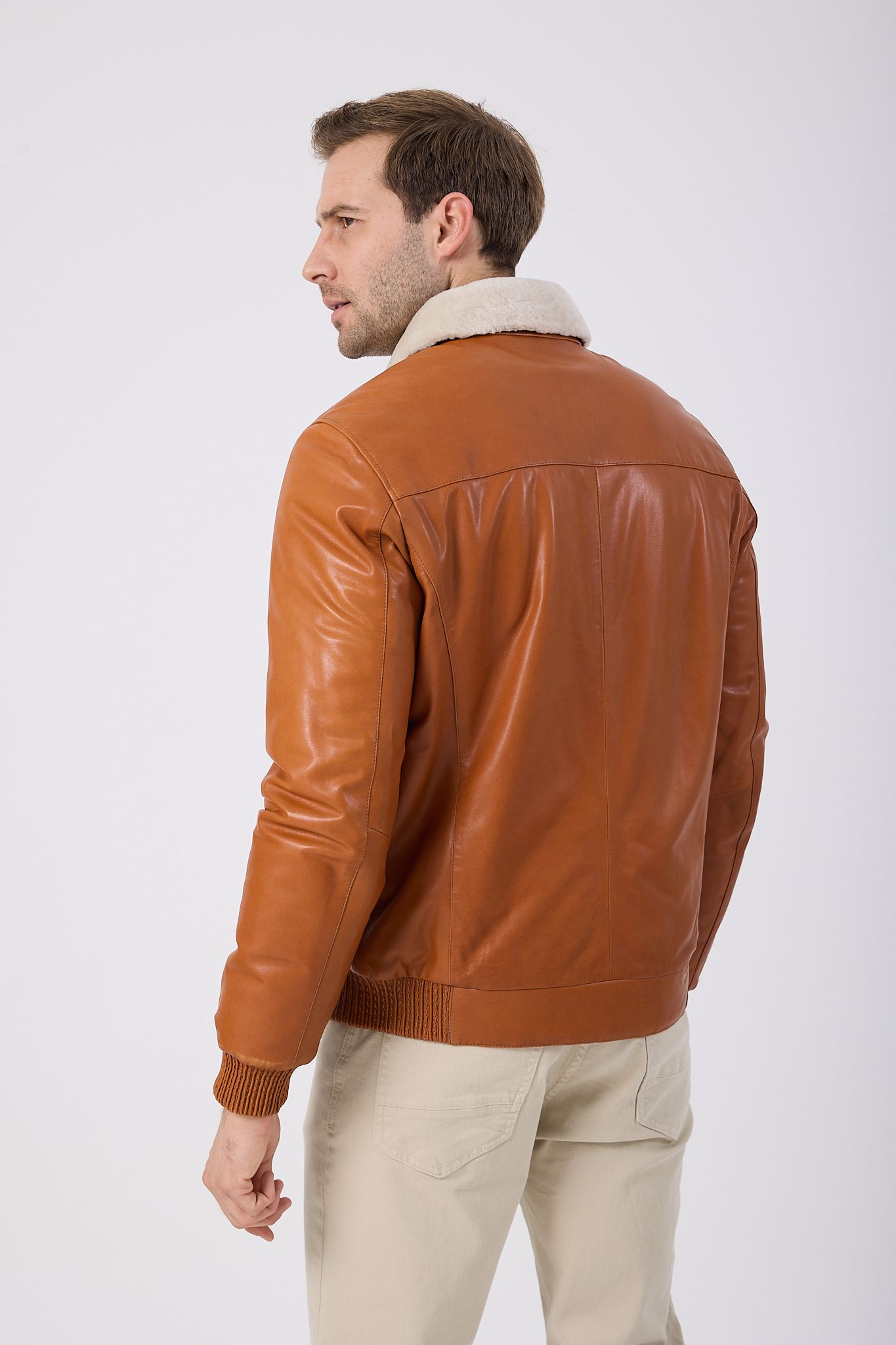 Vicuna Men's Leather Jacket with Lamb Fur Trimming