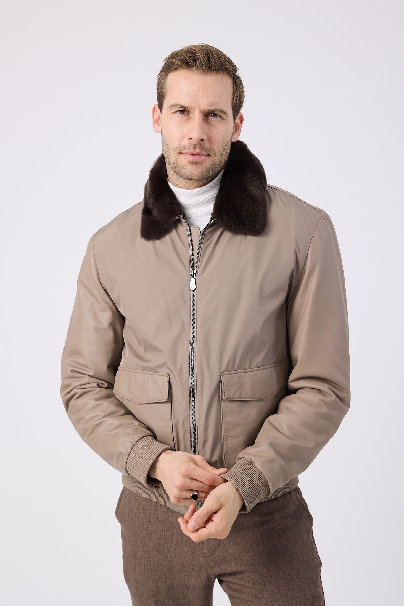 Vicuna Men's Fabric Jacket with Rex Trimming