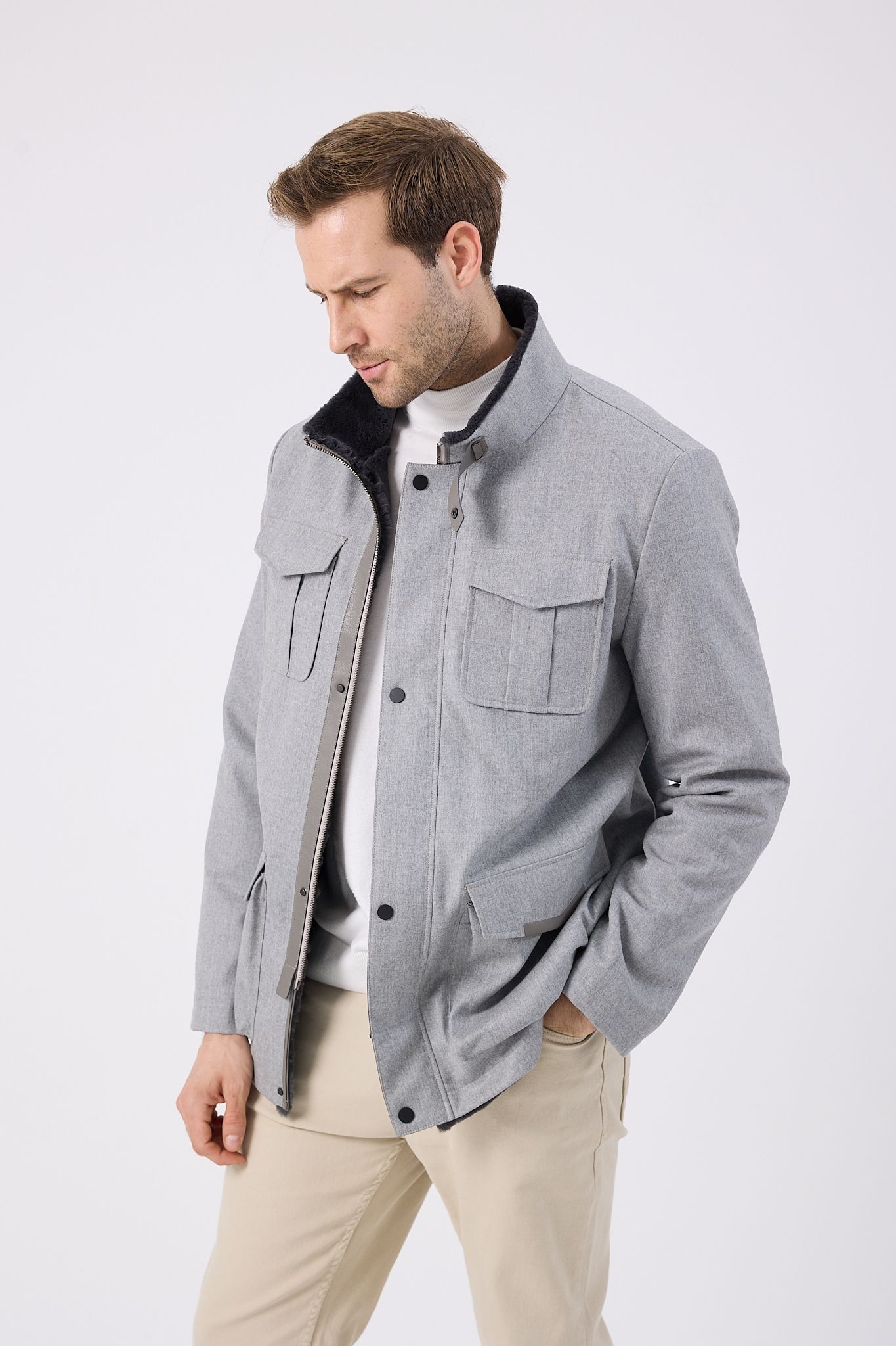 Vicuna Men's Fabric Coat with Rex Trimming